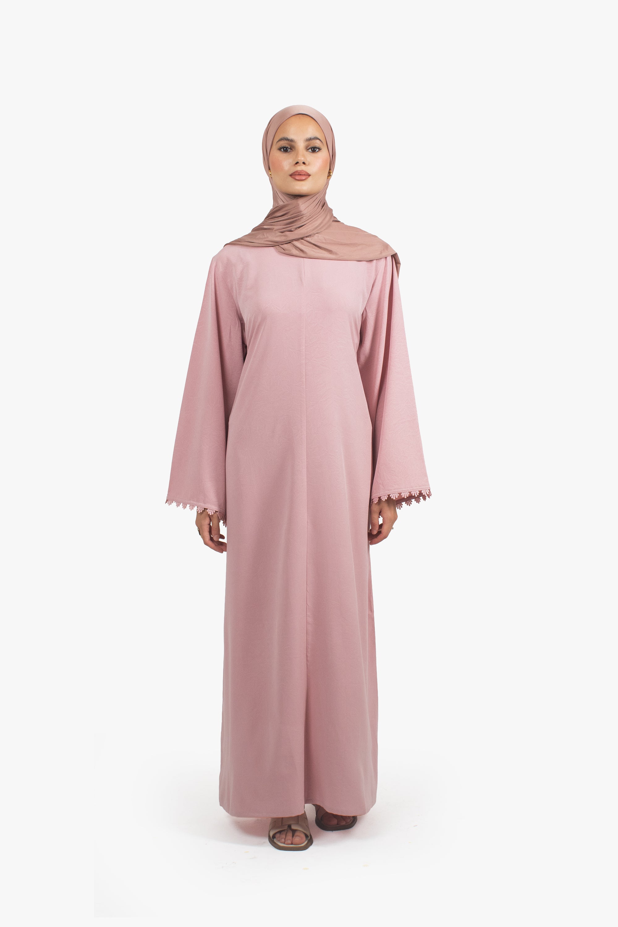 Rose Pink Etched Crepe Lace Abaya