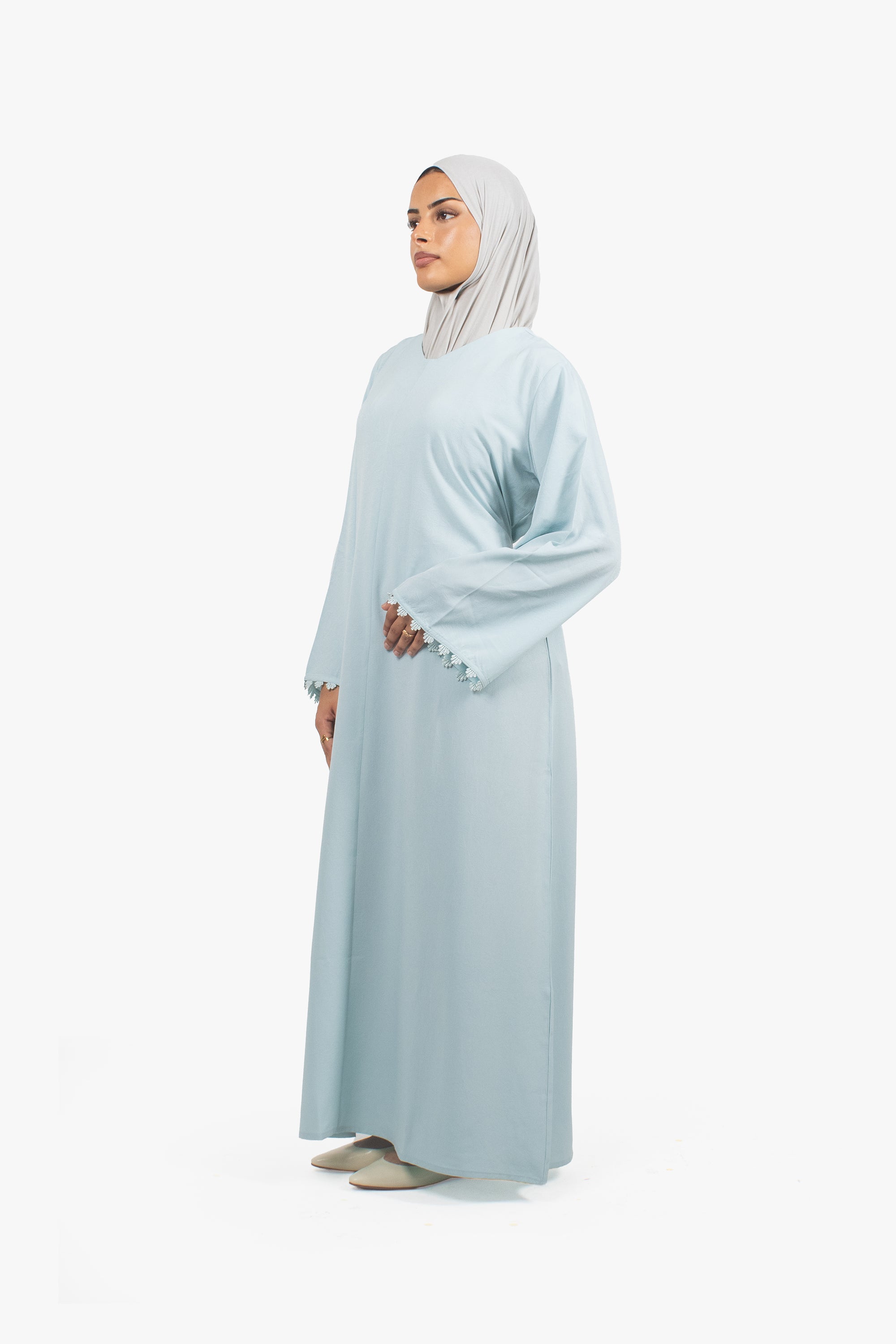 Mist Blue Etched Crepe Lace Abaya