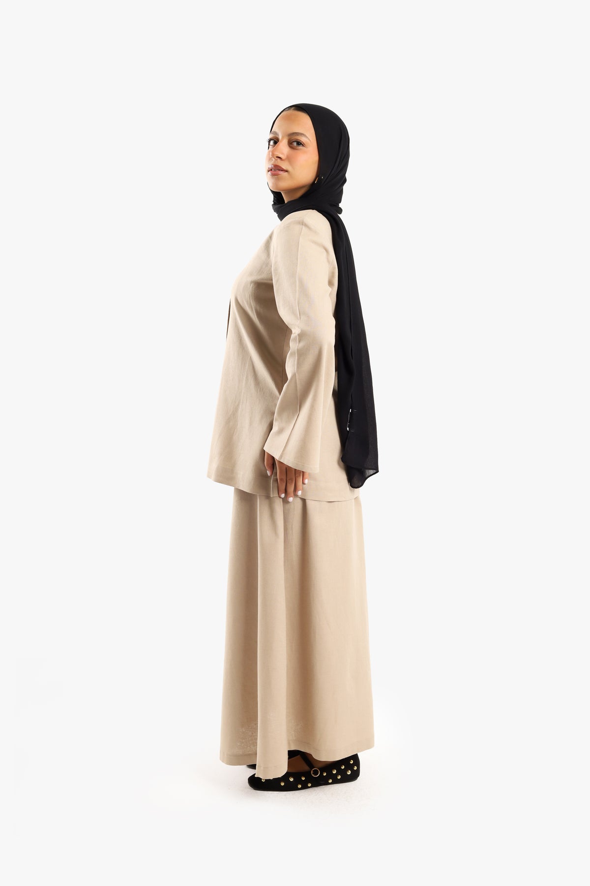Latte Beige Linen Cotton Covered Button Top