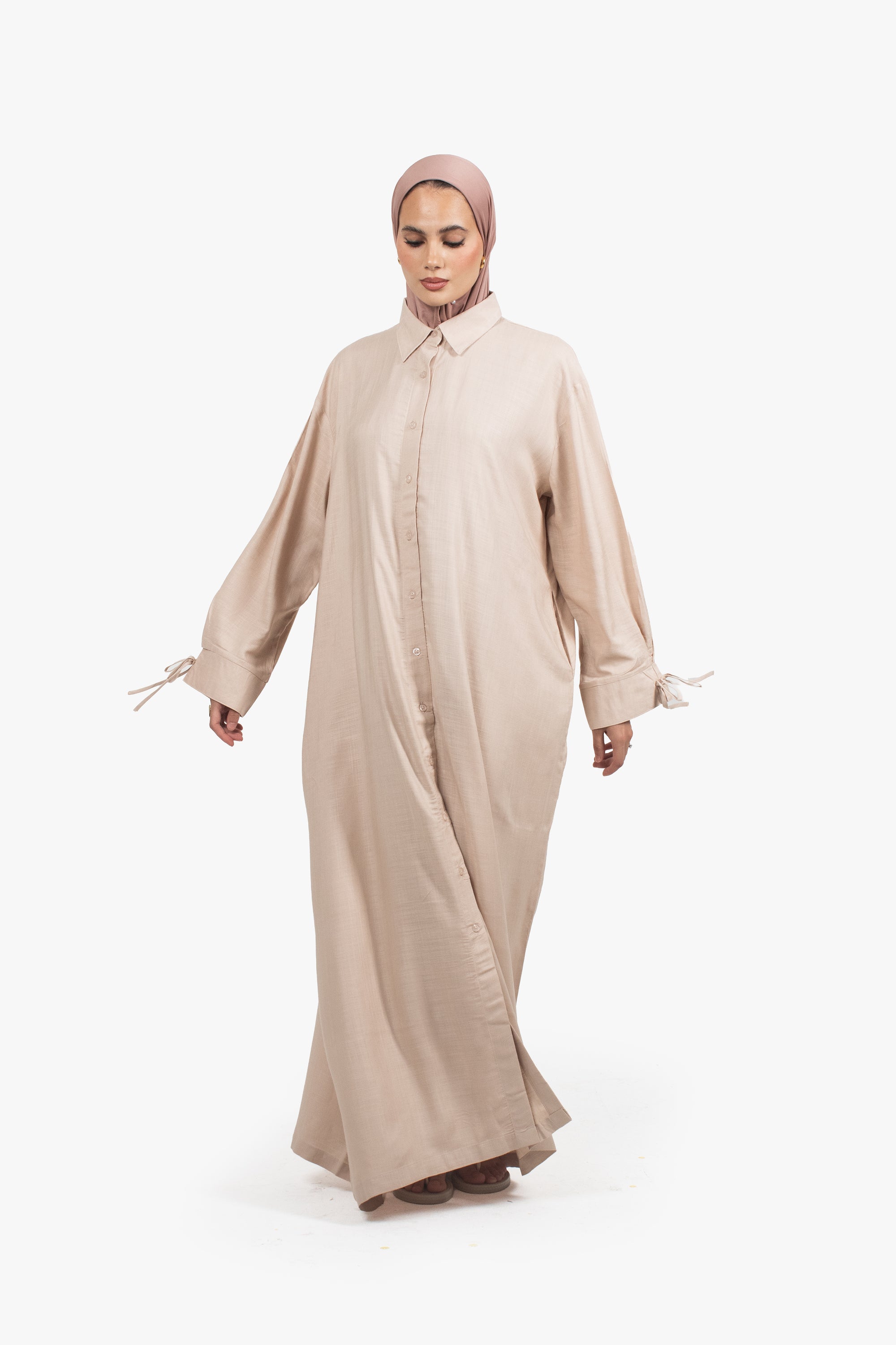 Beige Cotton Blend Shirt Abaya