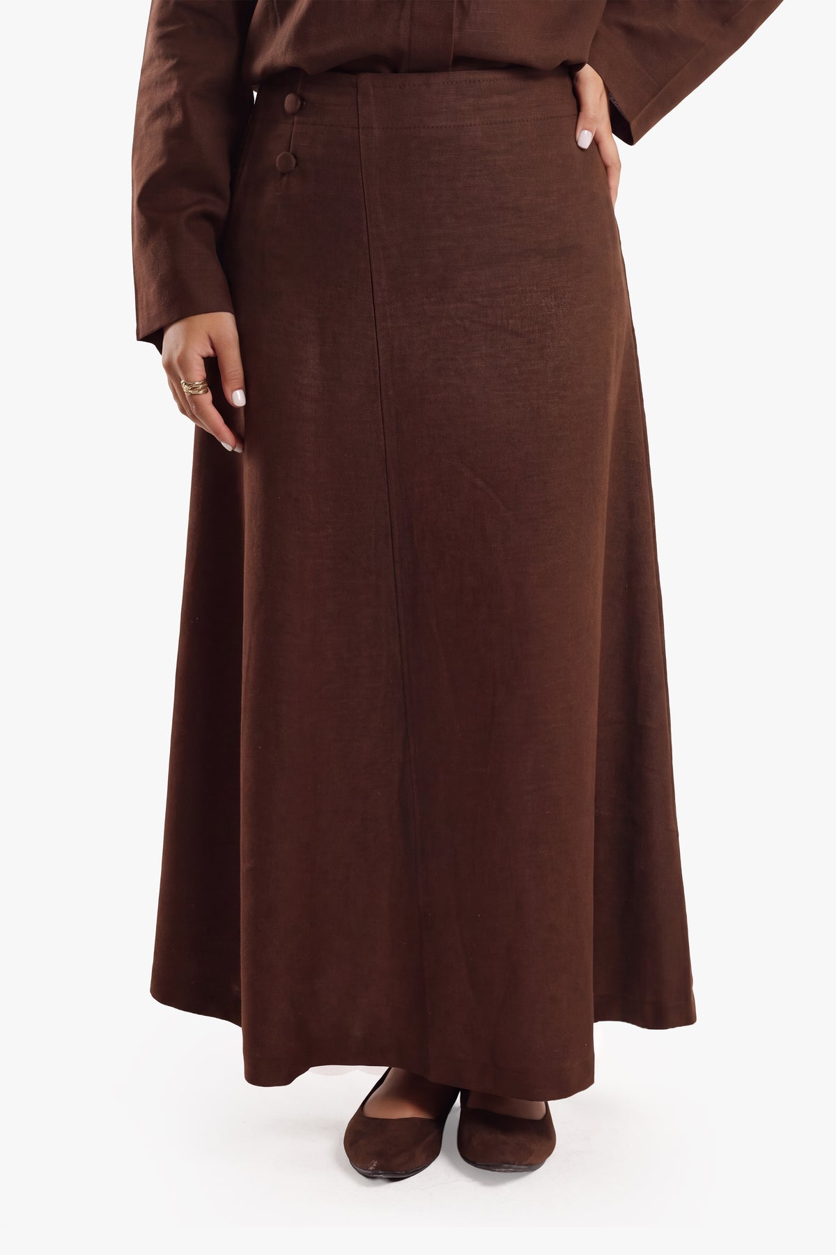 Mocha Brown Linen Cotton Covered Button Skirt