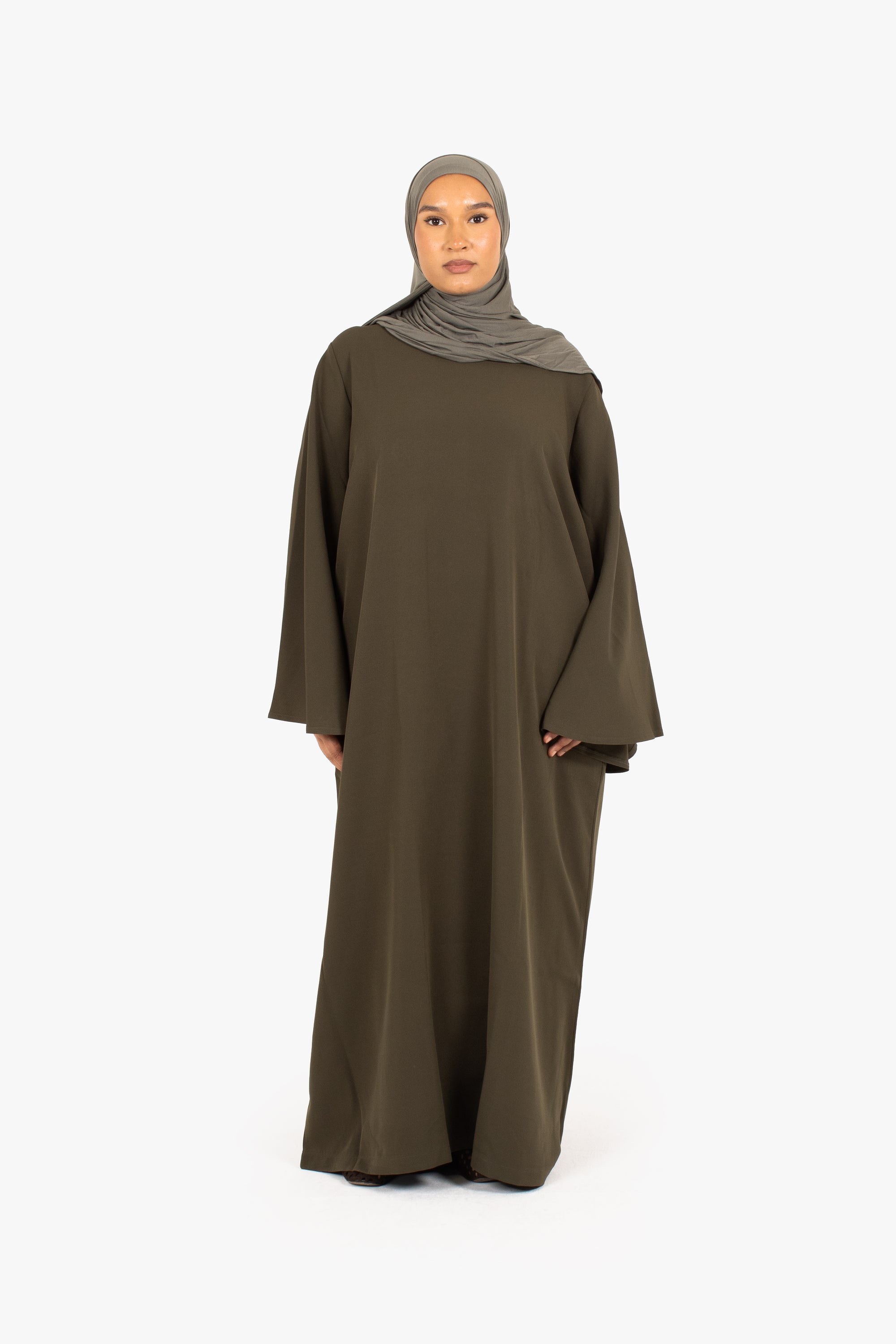 Khaki Powder Touch Crepe Umbrella Sleeve Abaya