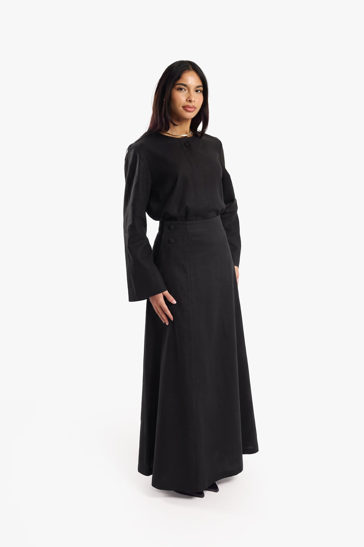 Black Linen Cotton Covered Button Skirt