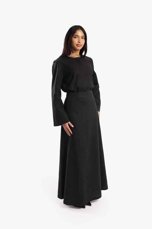 Black Linen Cotton Covered Button Skirt