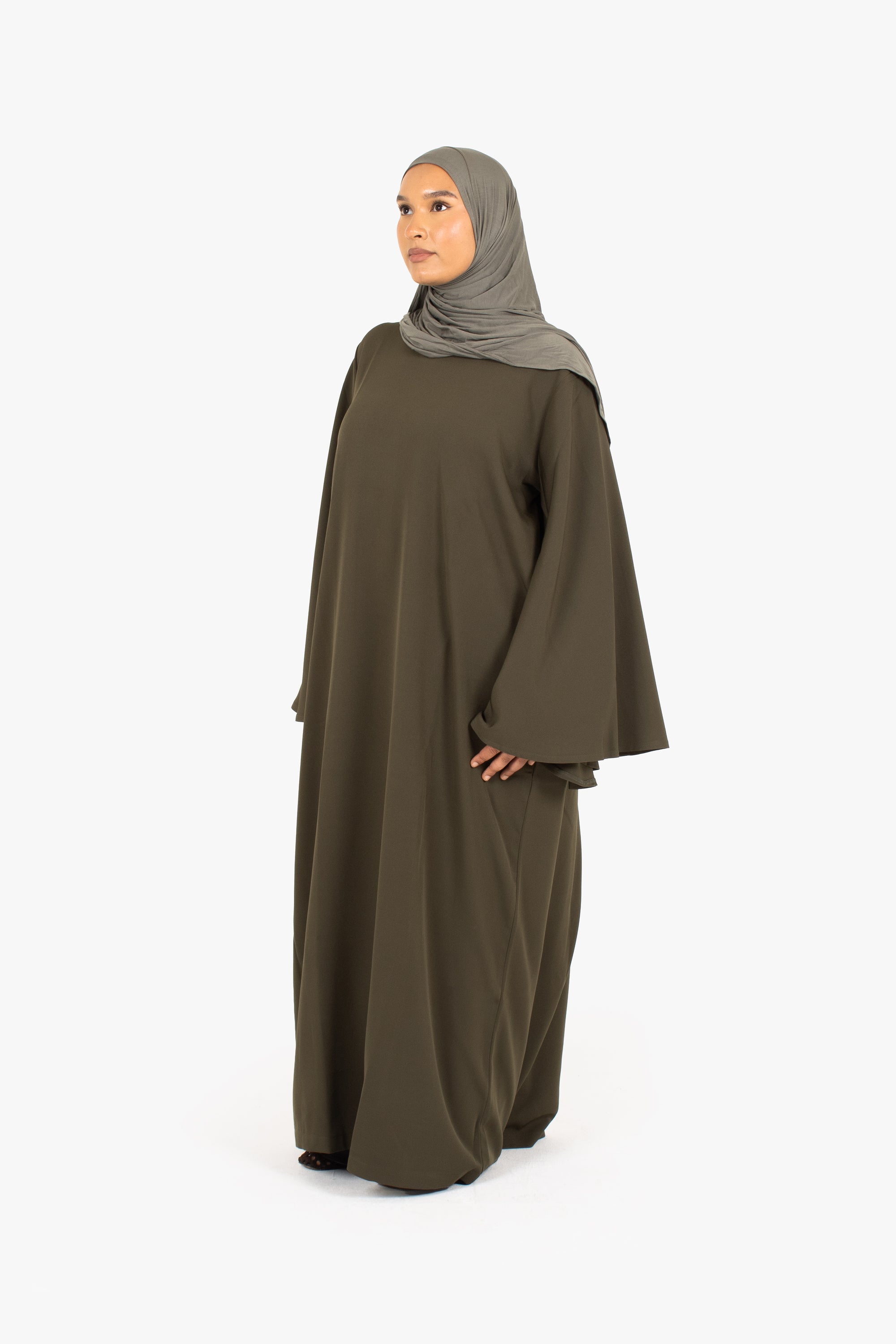 Khaki Powder Touch Crepe Umbrella Sleeve Abaya