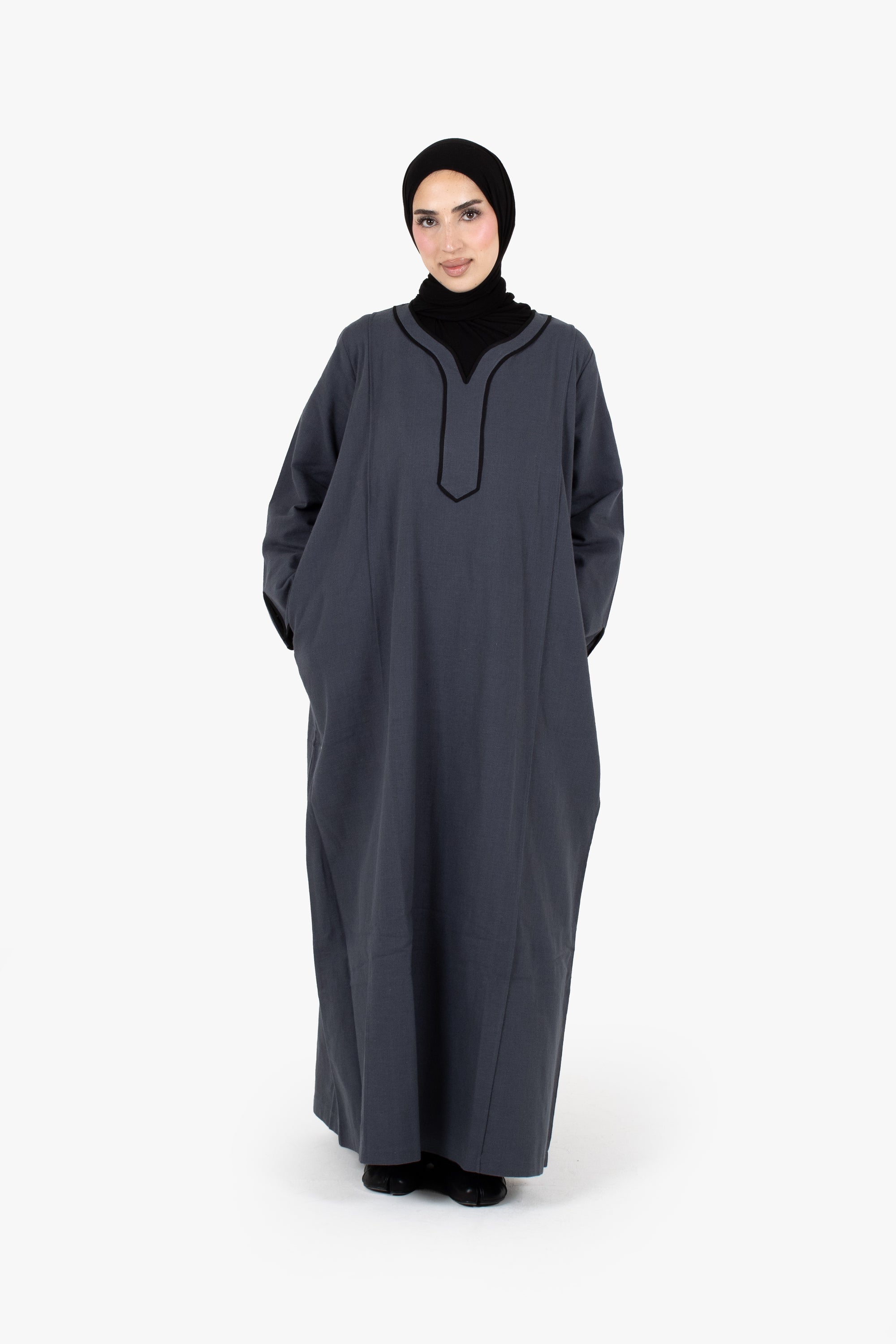 Navy Cotton Piping Abaya