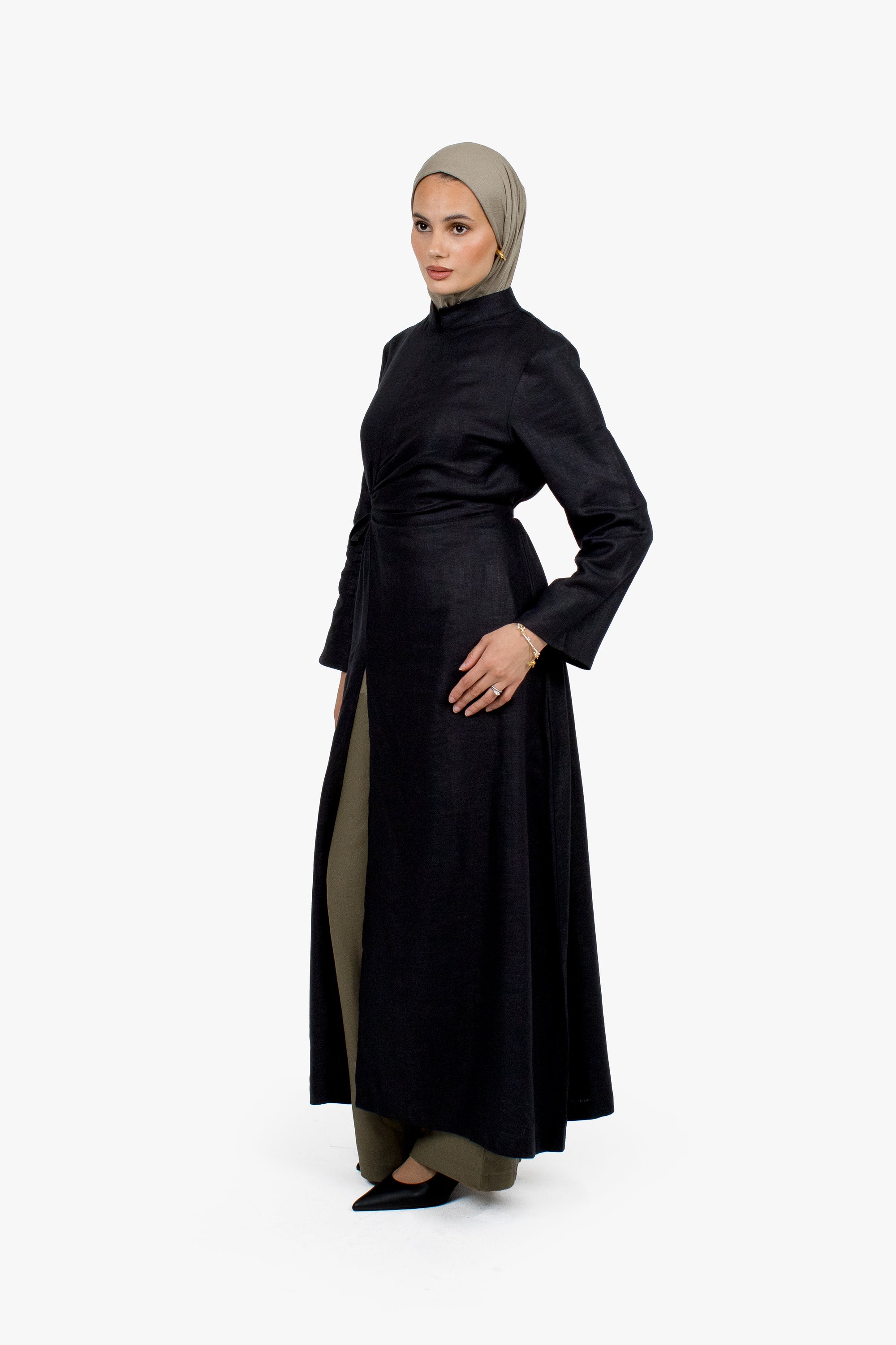 Black Linen Cotton Ruched Slit Dress