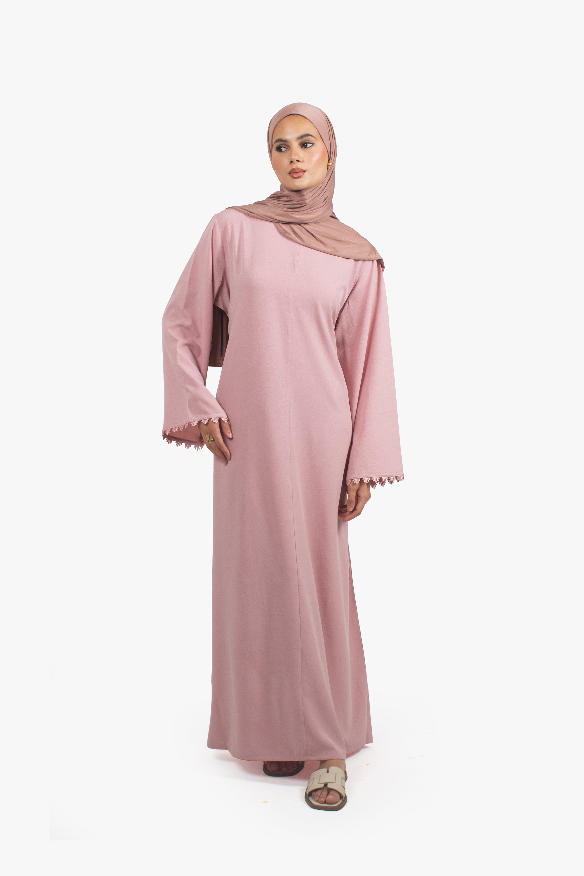 Rose Pink Etched Crepe Lace Abaya