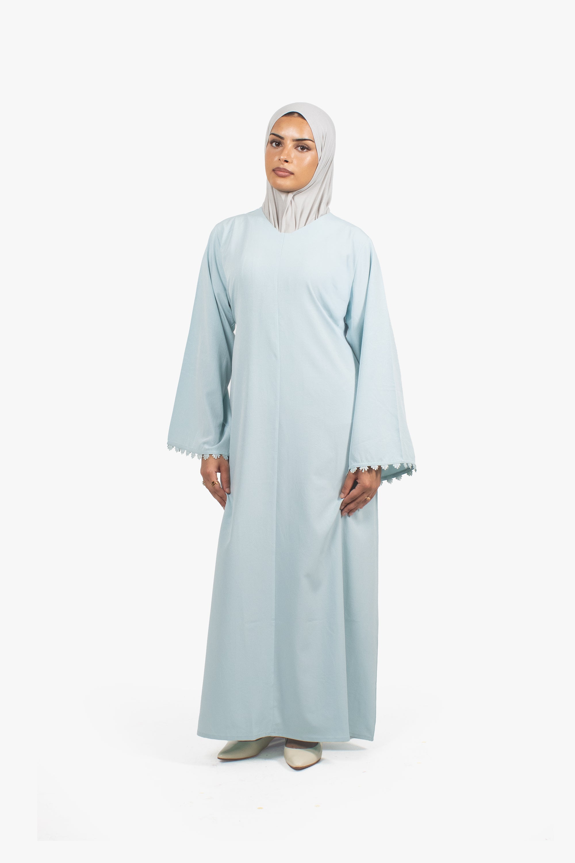 Mist Blue Etched Crepe Lace Abaya