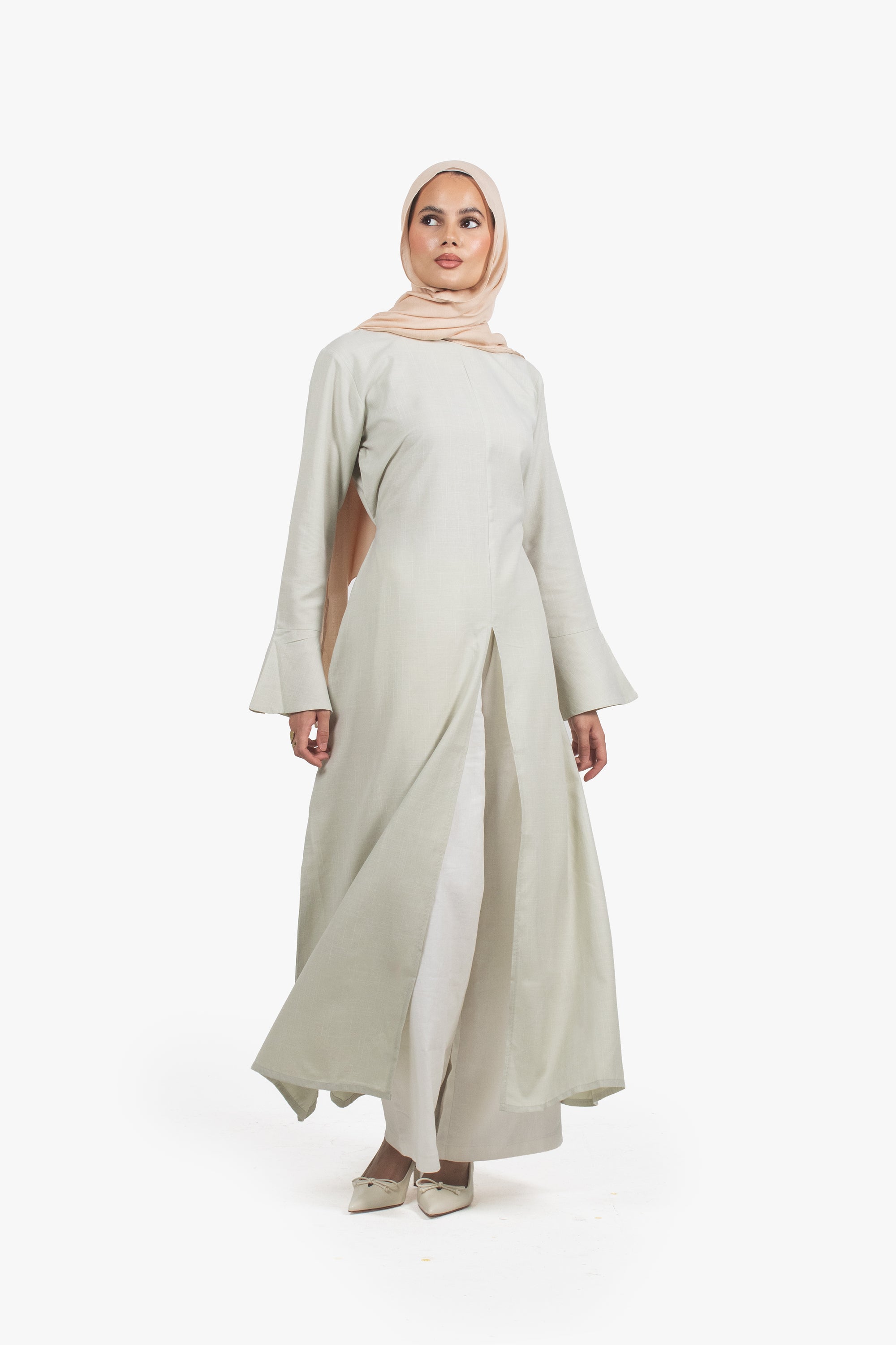 Sage Green Cotton Blend Front Slit Dress