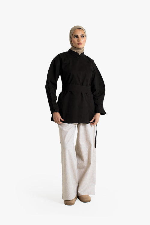 Black Cotton Lantern Sleeve Top