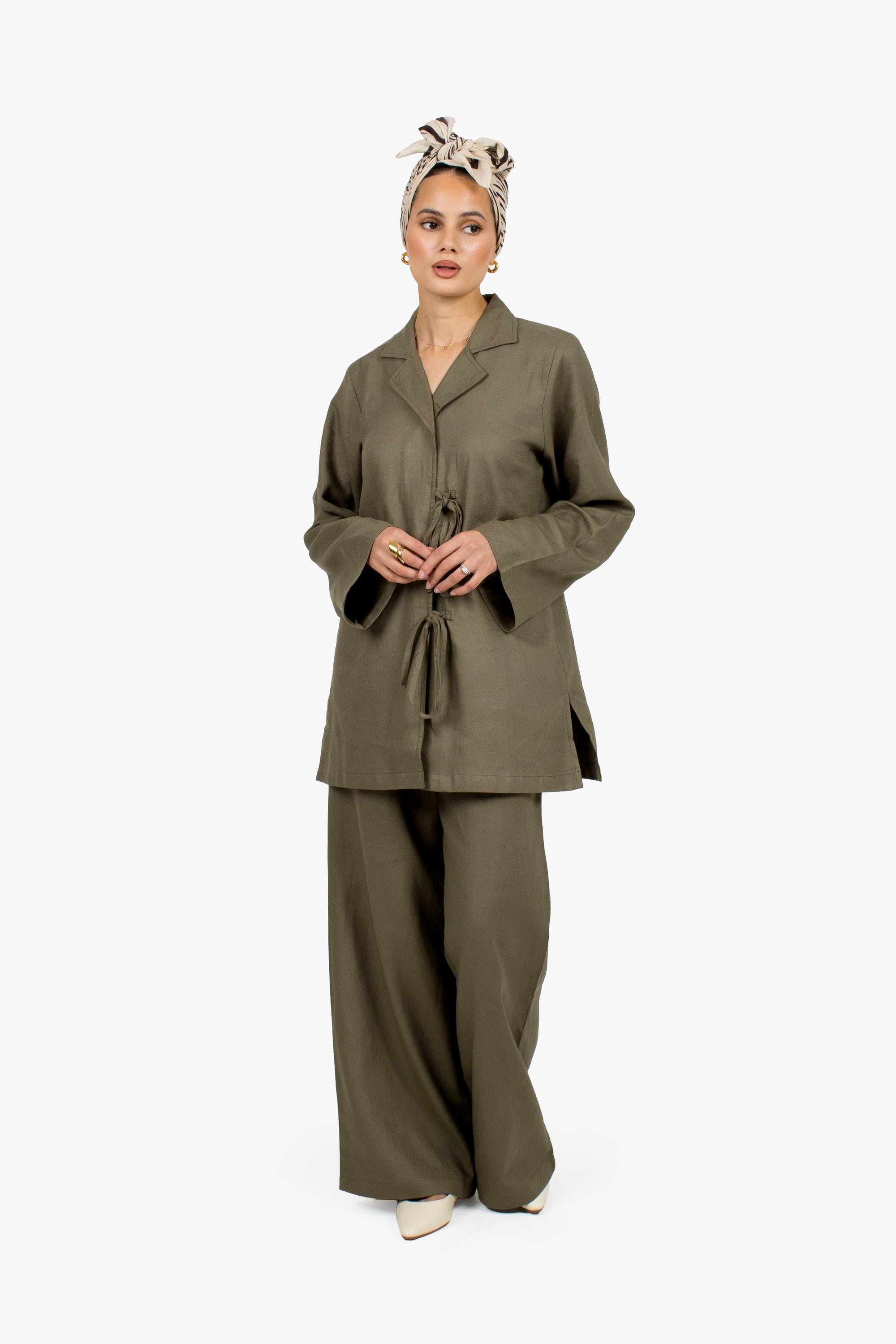 Olive Linen Cotton Notch Collar Top