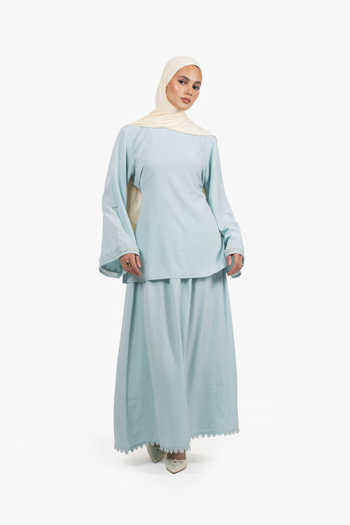 Mist Blue Etched Crepe Lace Skirt
