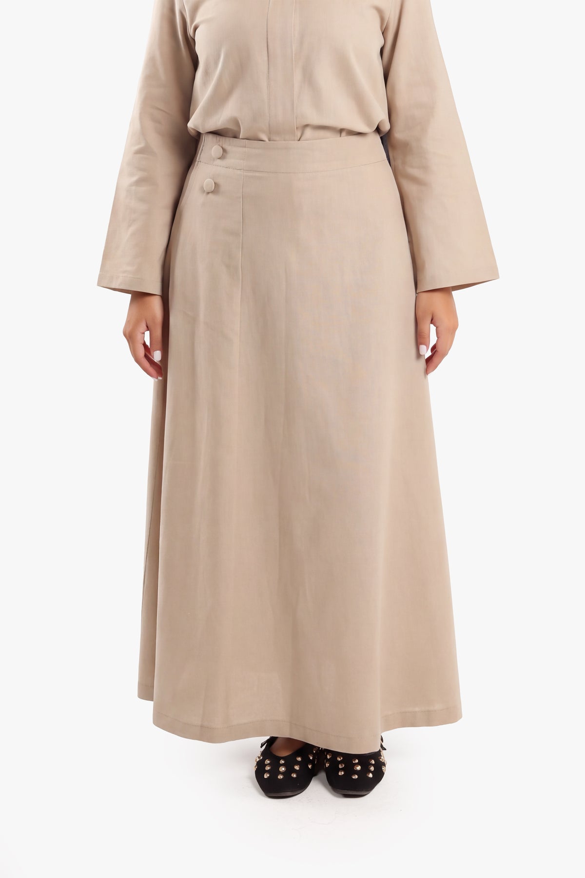 Latte Beige Linen Cotton Covered Button Skirt