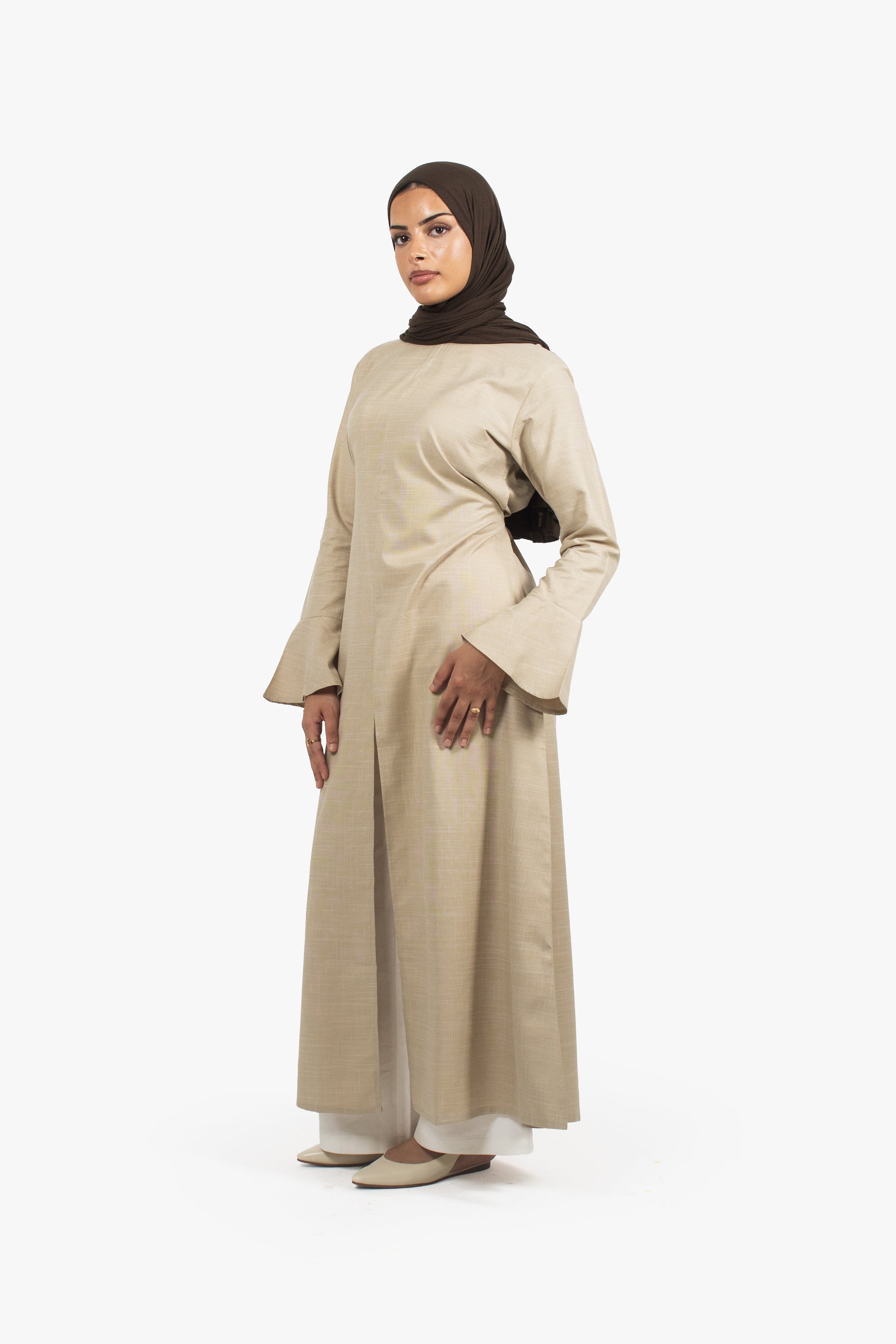 Beige Cotton Blend Front Slit Dress