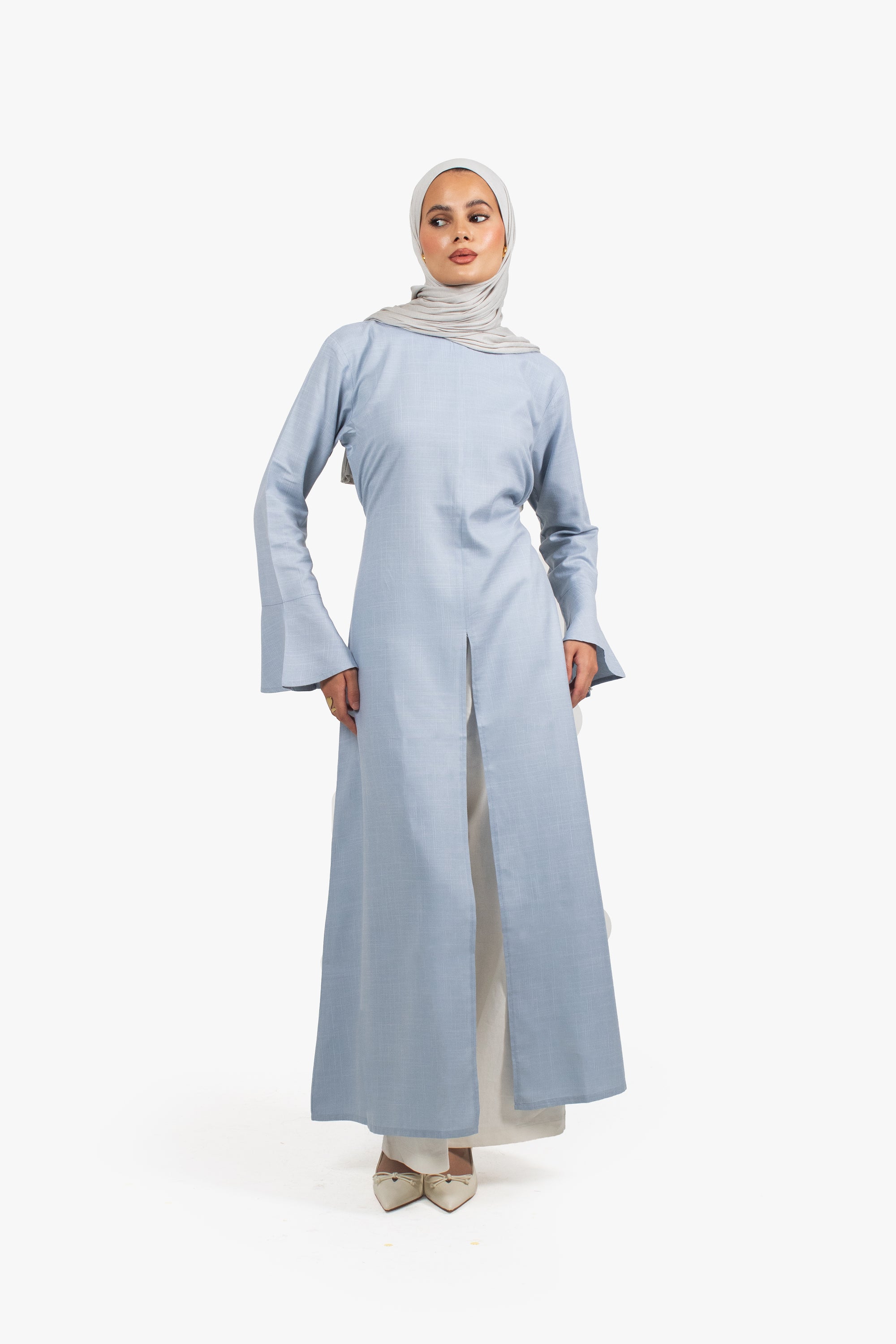 Pale Blue Cotton Blend Front Slit Dress