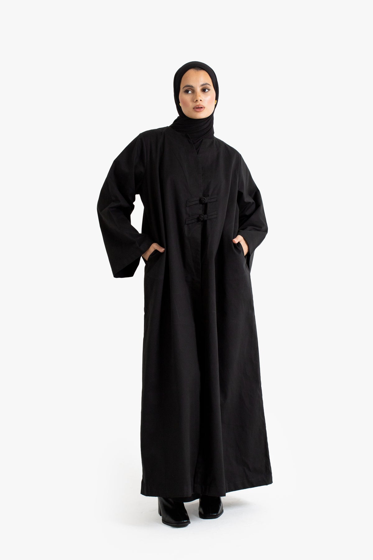 Black Cotton Frog Button Open Abaya