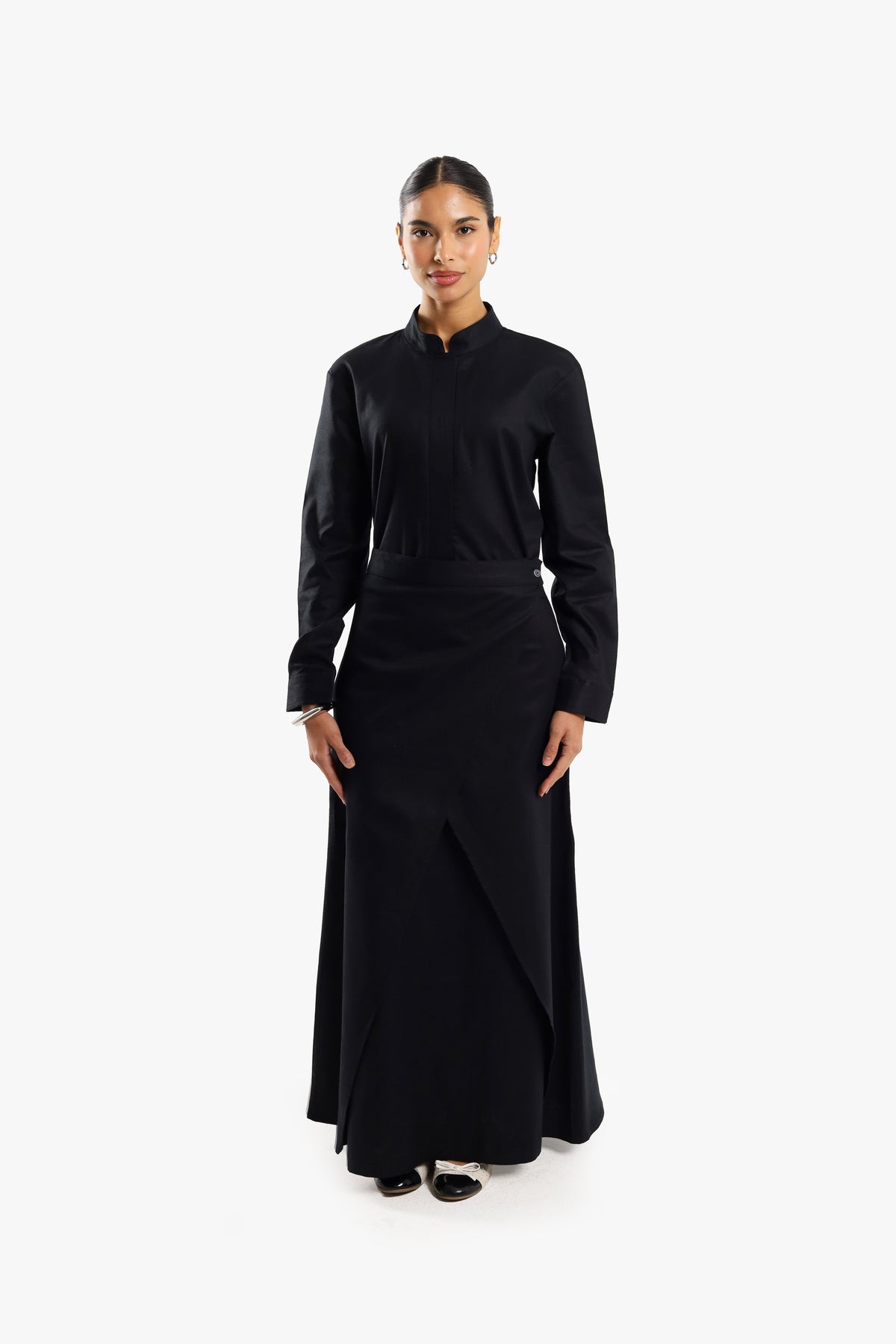Black Linen Cotton Mandarin Two-Piece Dress