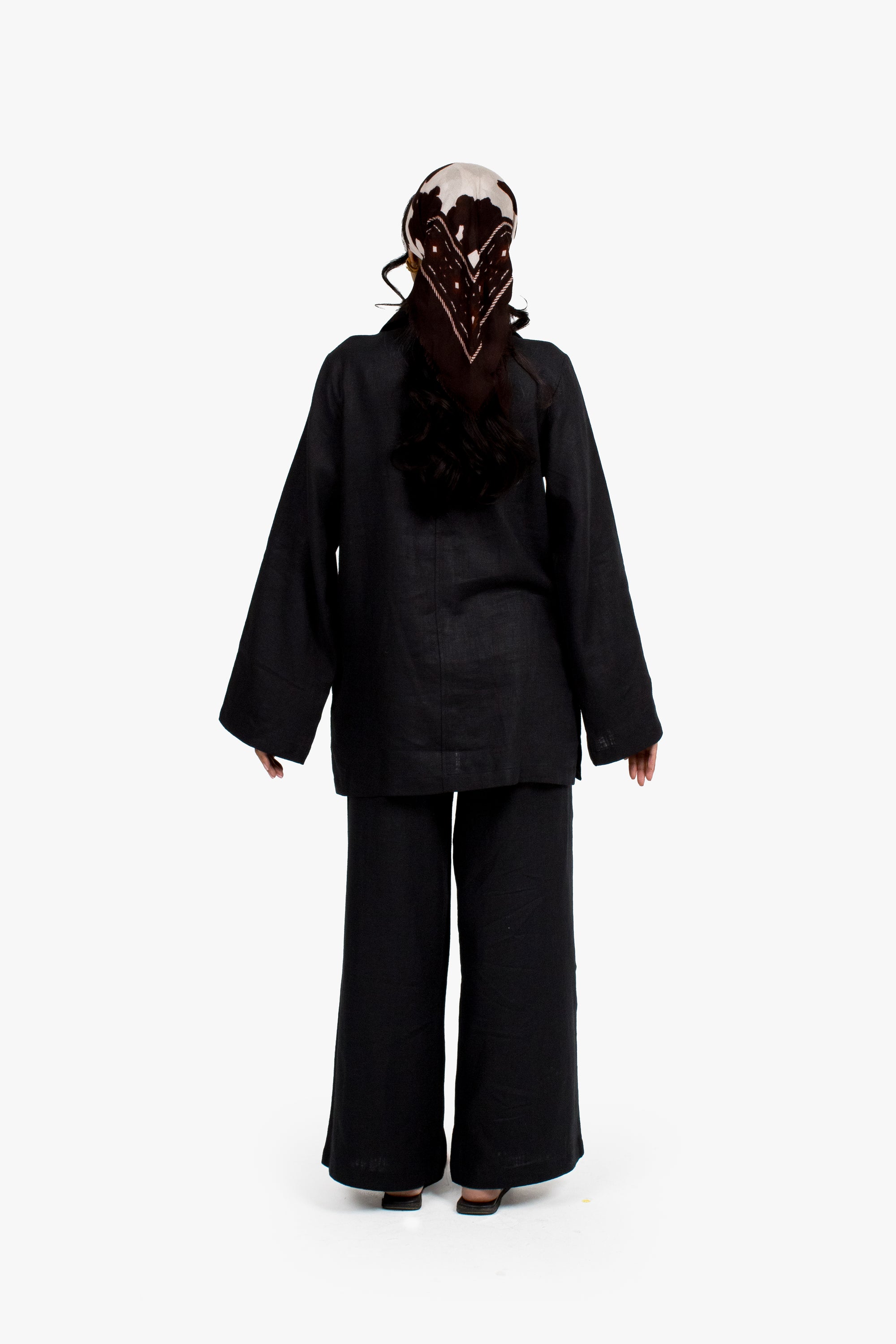 Black Linen Cotton Notch Collar Top