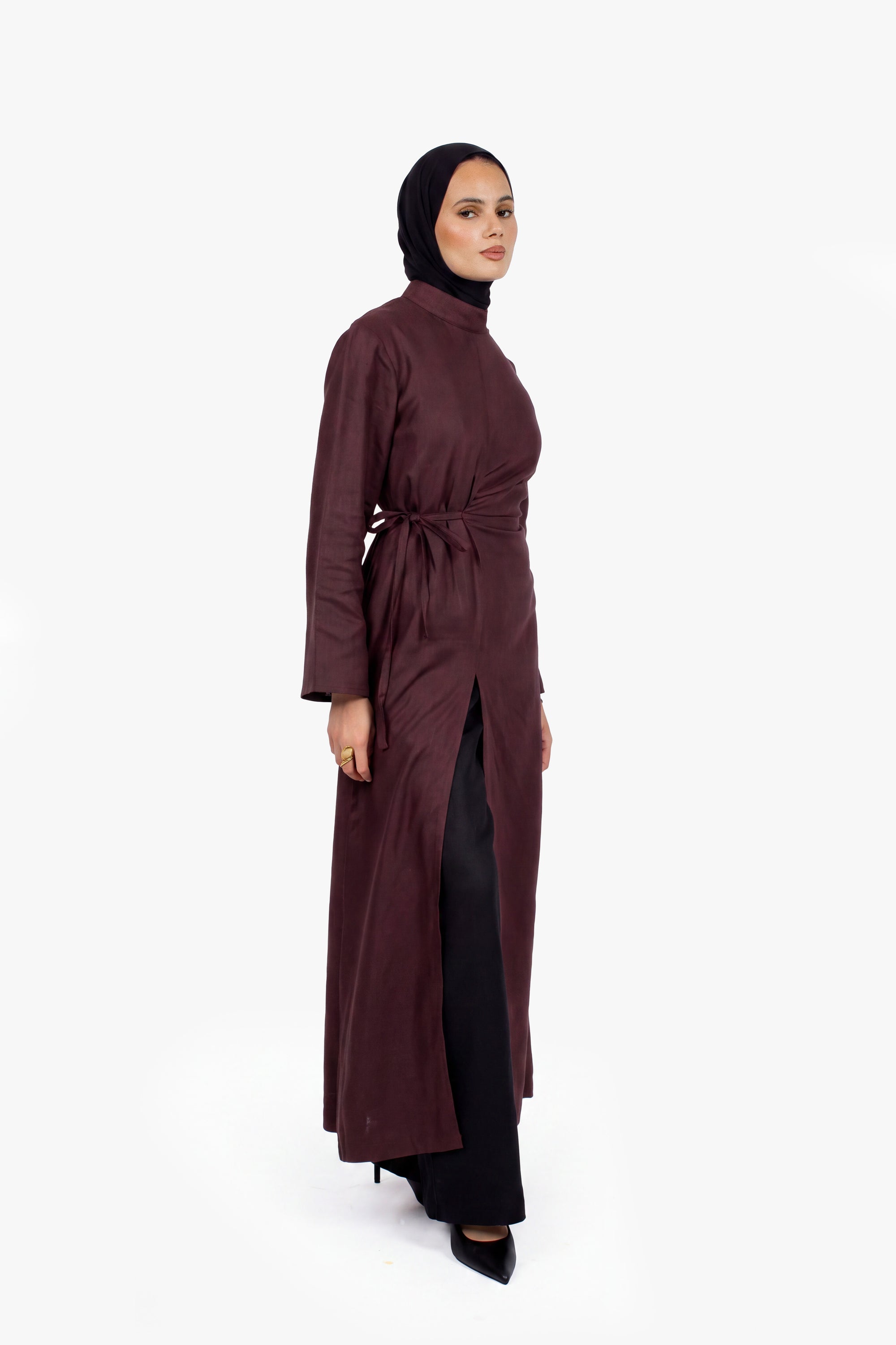 Chocolate Linen Cotton Ruched Slit Dress