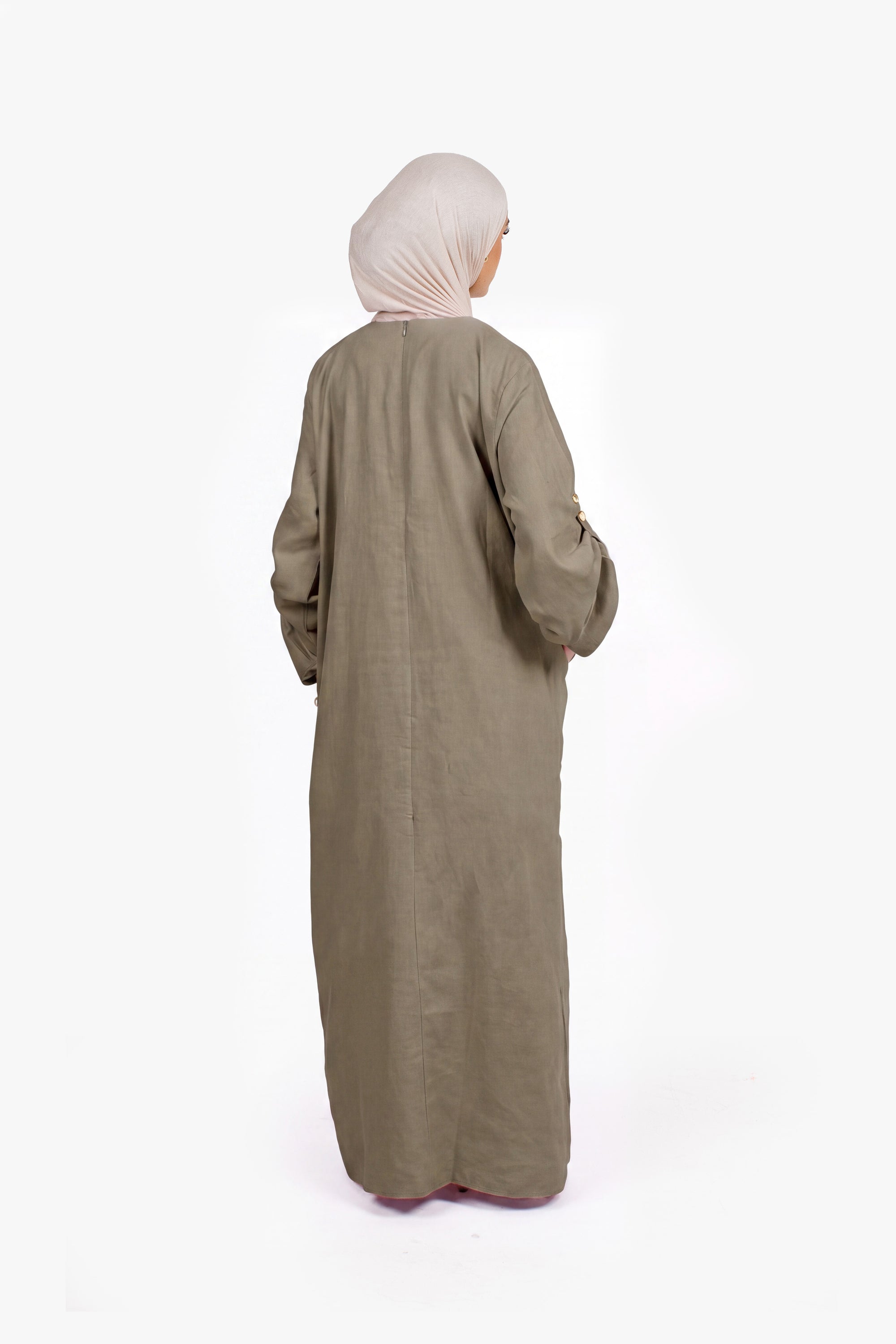 Olive Linen Cotton Button Sleeve Abaya