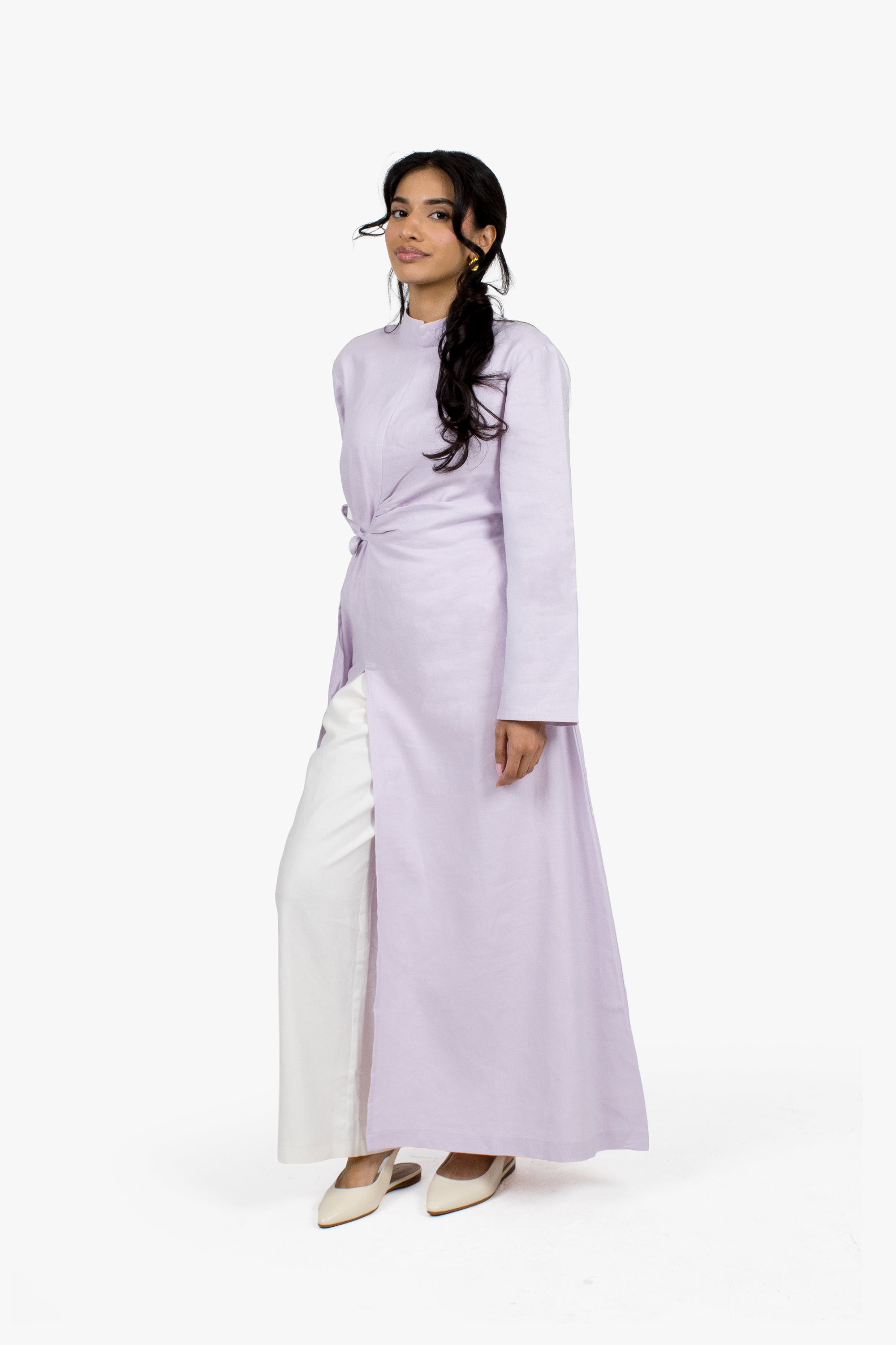 Lilac Linen Cotton Ruched Slit Dress
