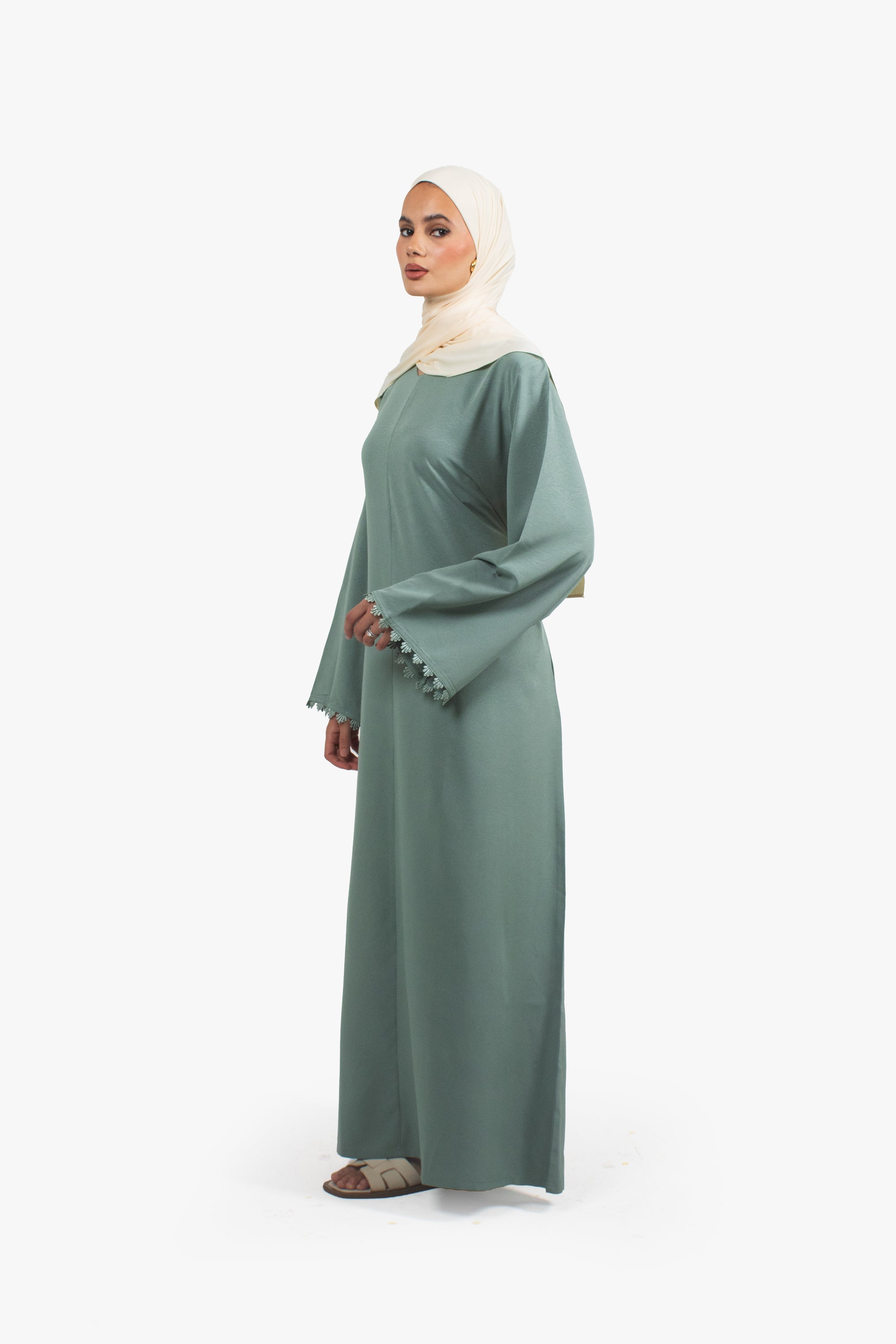 Sea Green Etched Crepe Lace Abaya