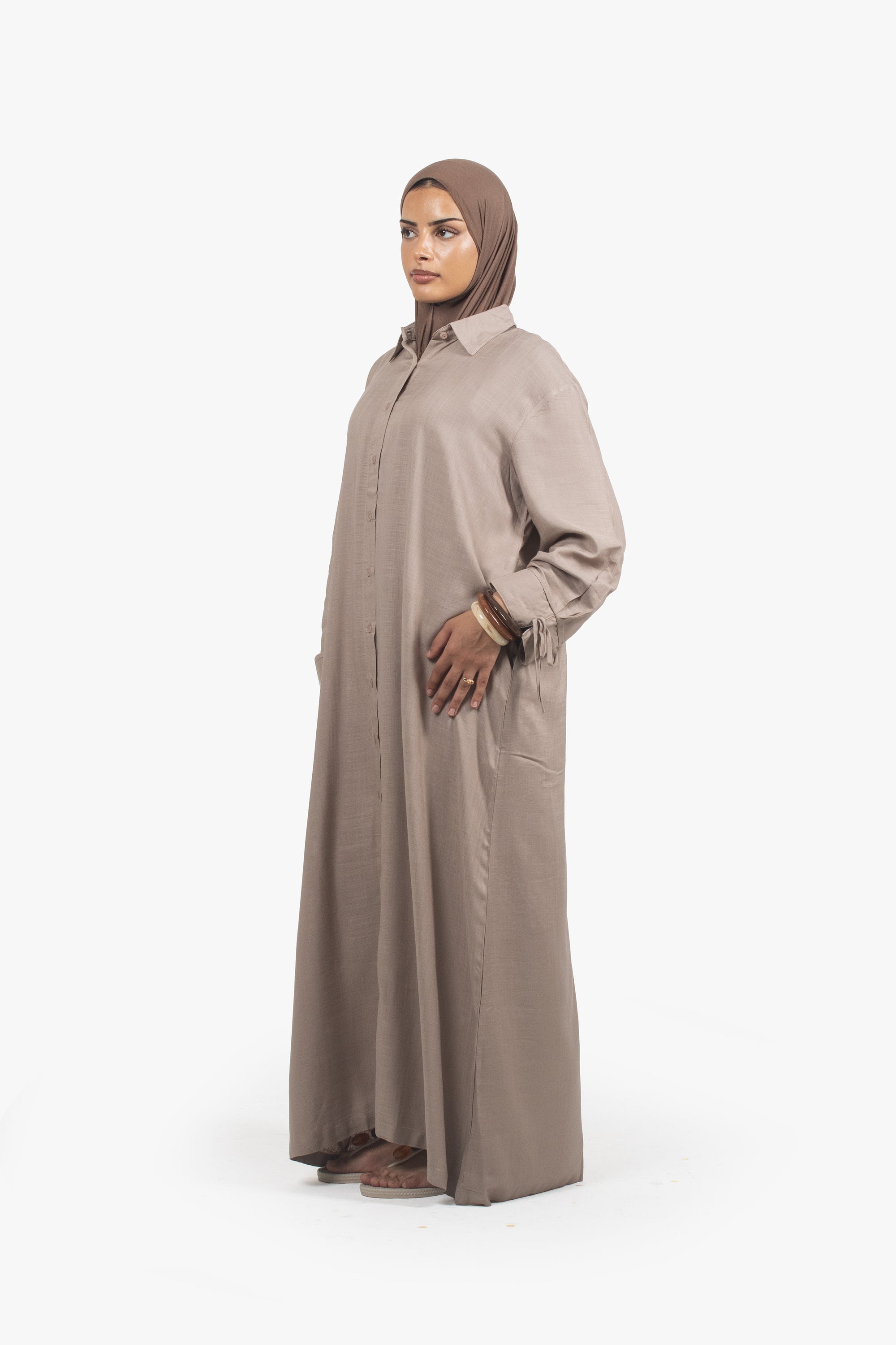 Ivory Brown Cotton Blend Shirt Abaya