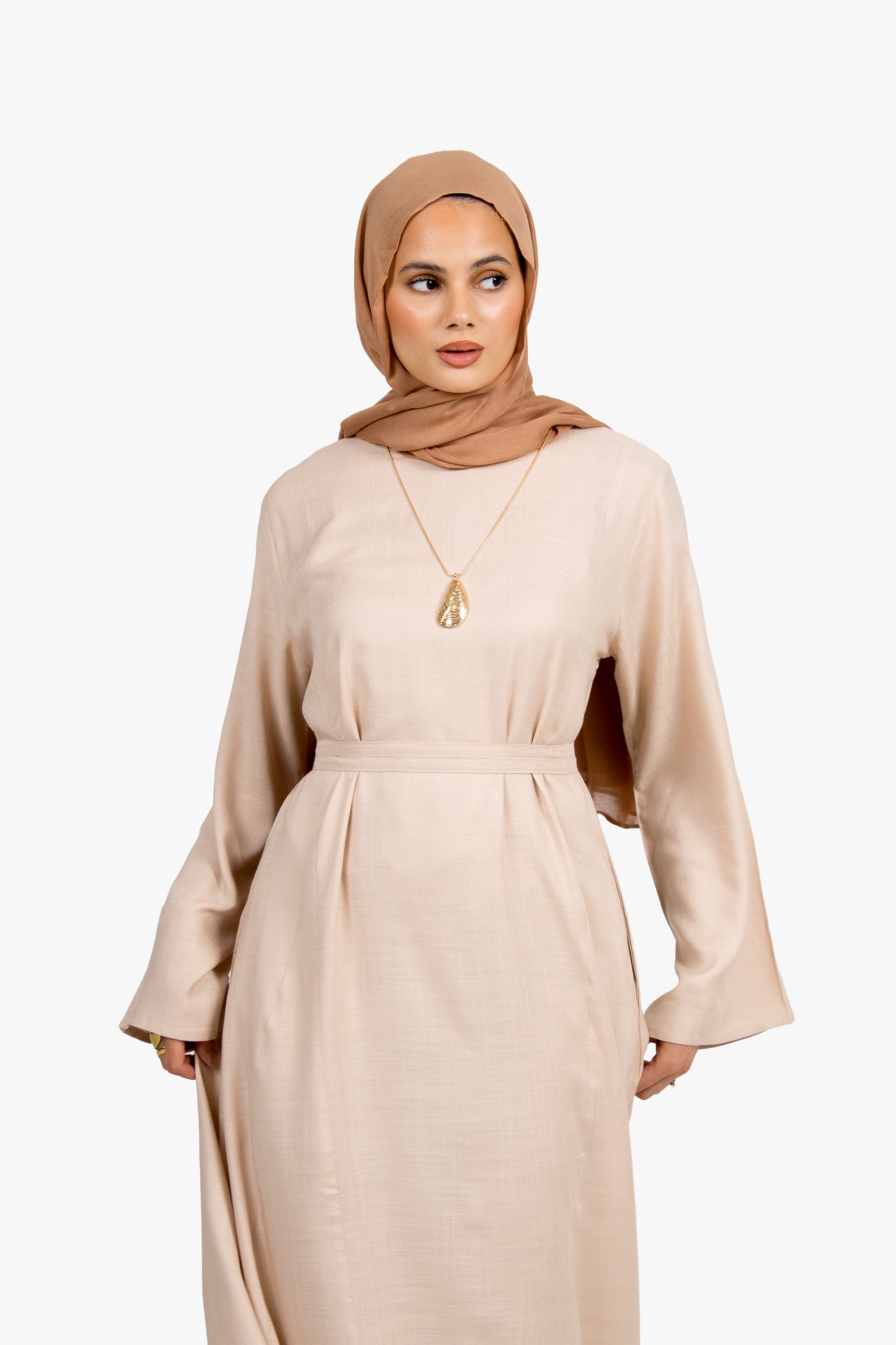 Beige Cotton Blend Pleated Tie Dress