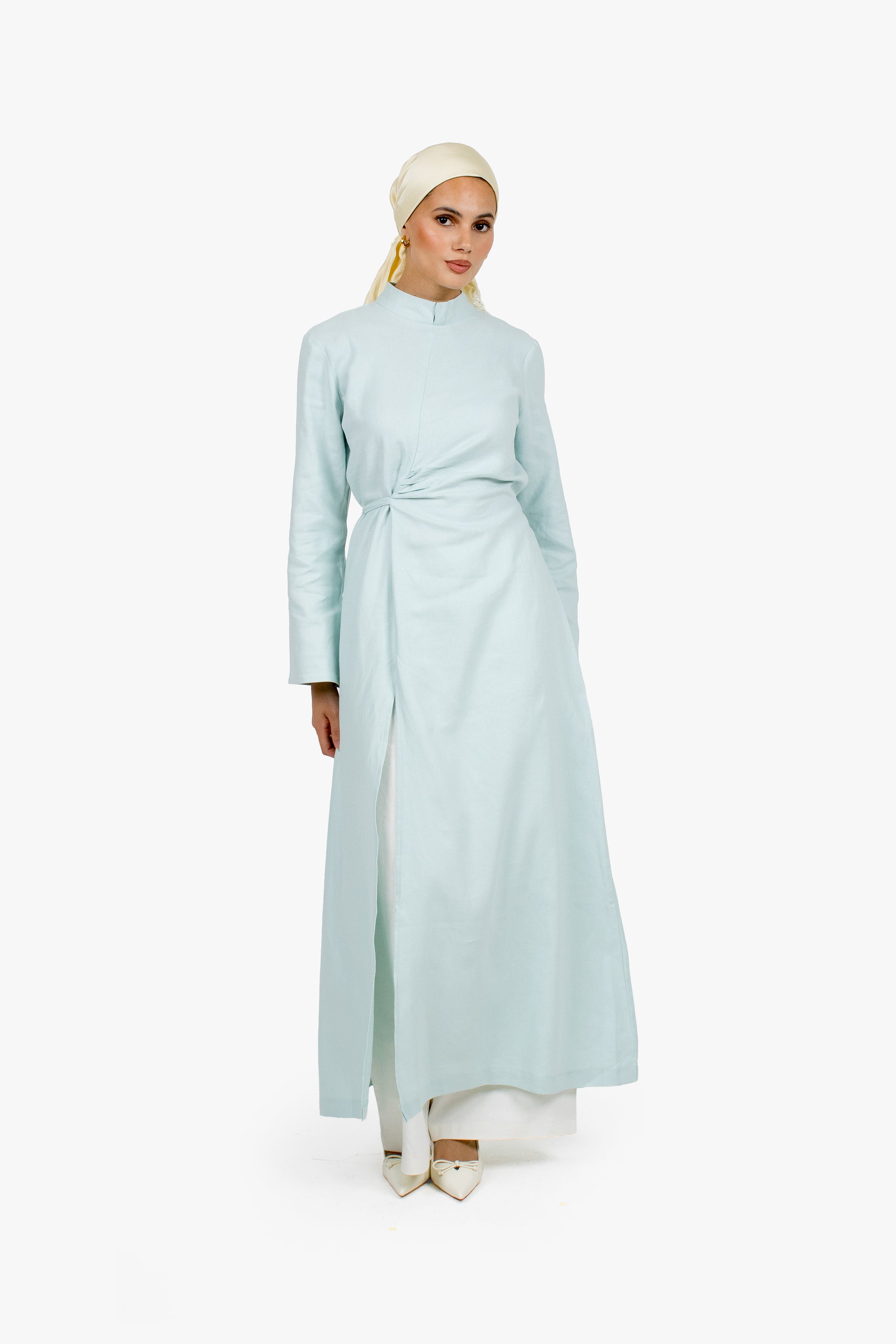 Baby Blue Linen Cotton Ruched Slit Dress