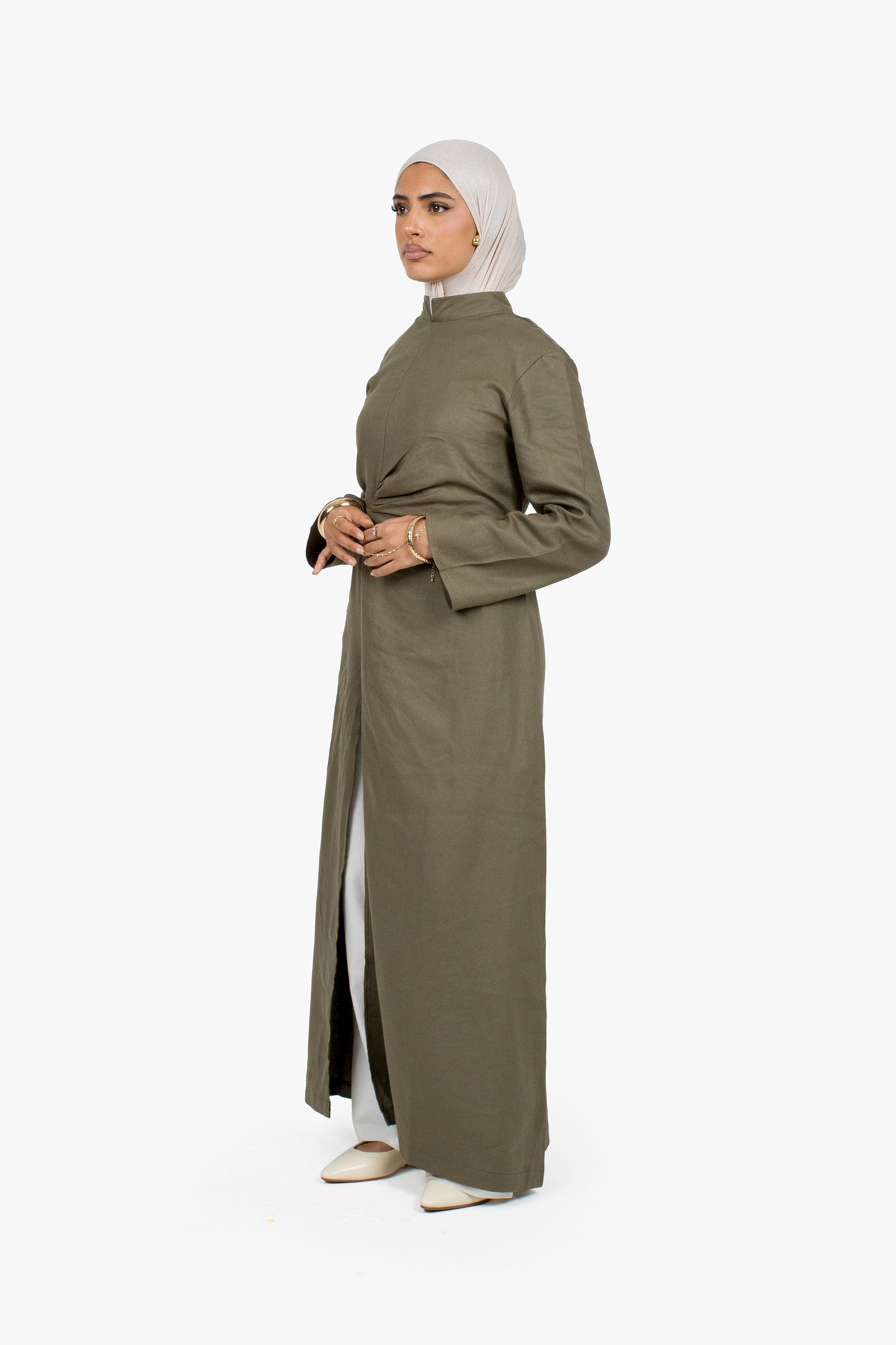 Olive Linen Cotton Ruched Slit Dress