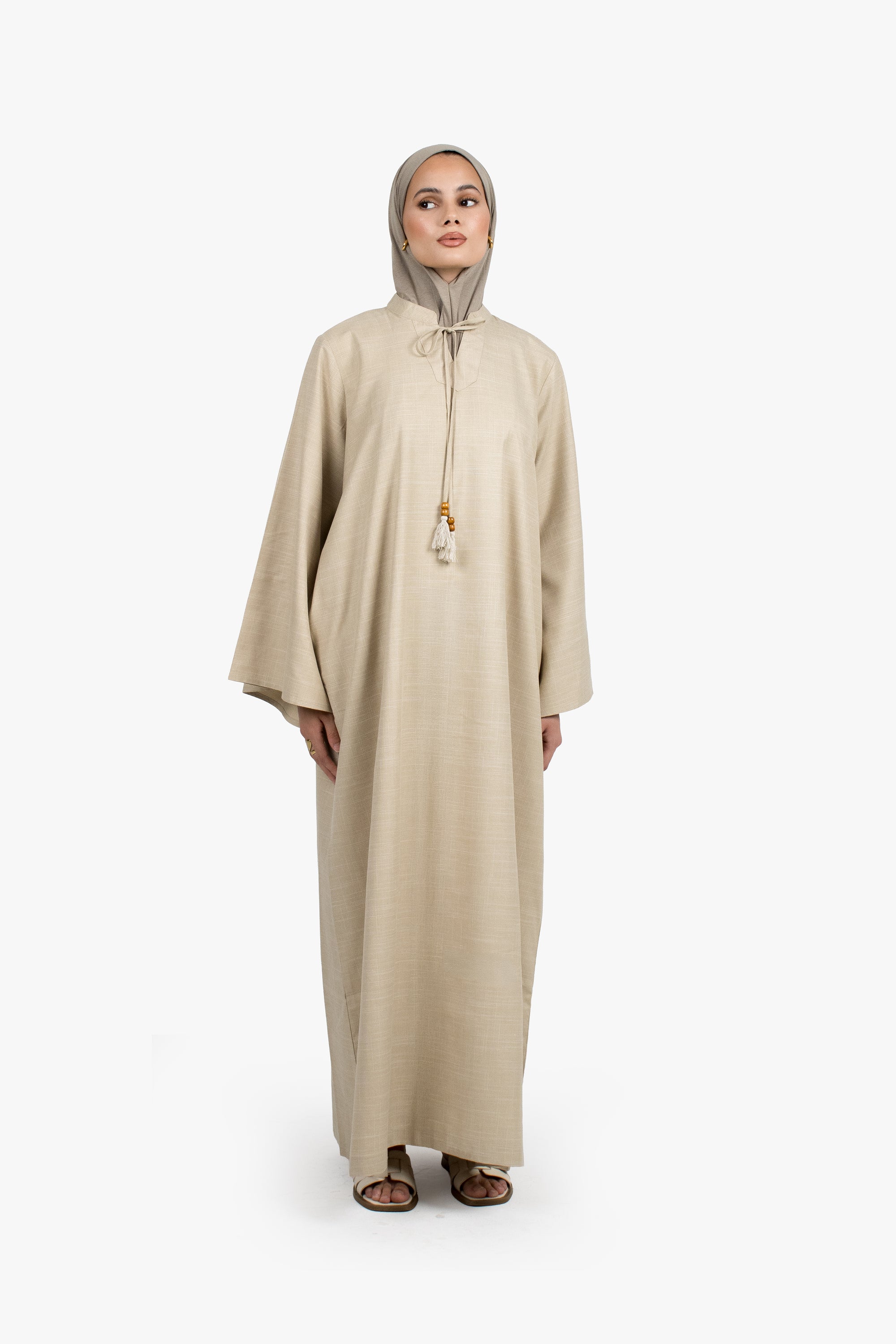 Beige Cotton Blend Tassel Abaya