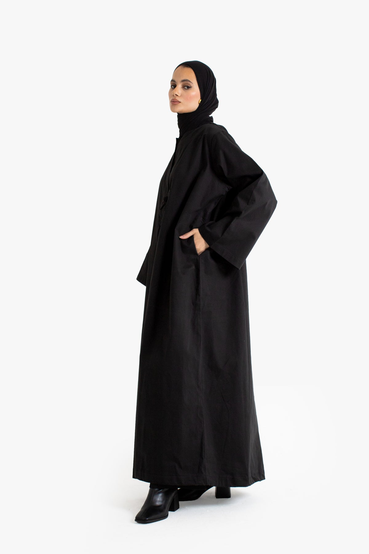 Black Cotton Frog Button Open Abaya