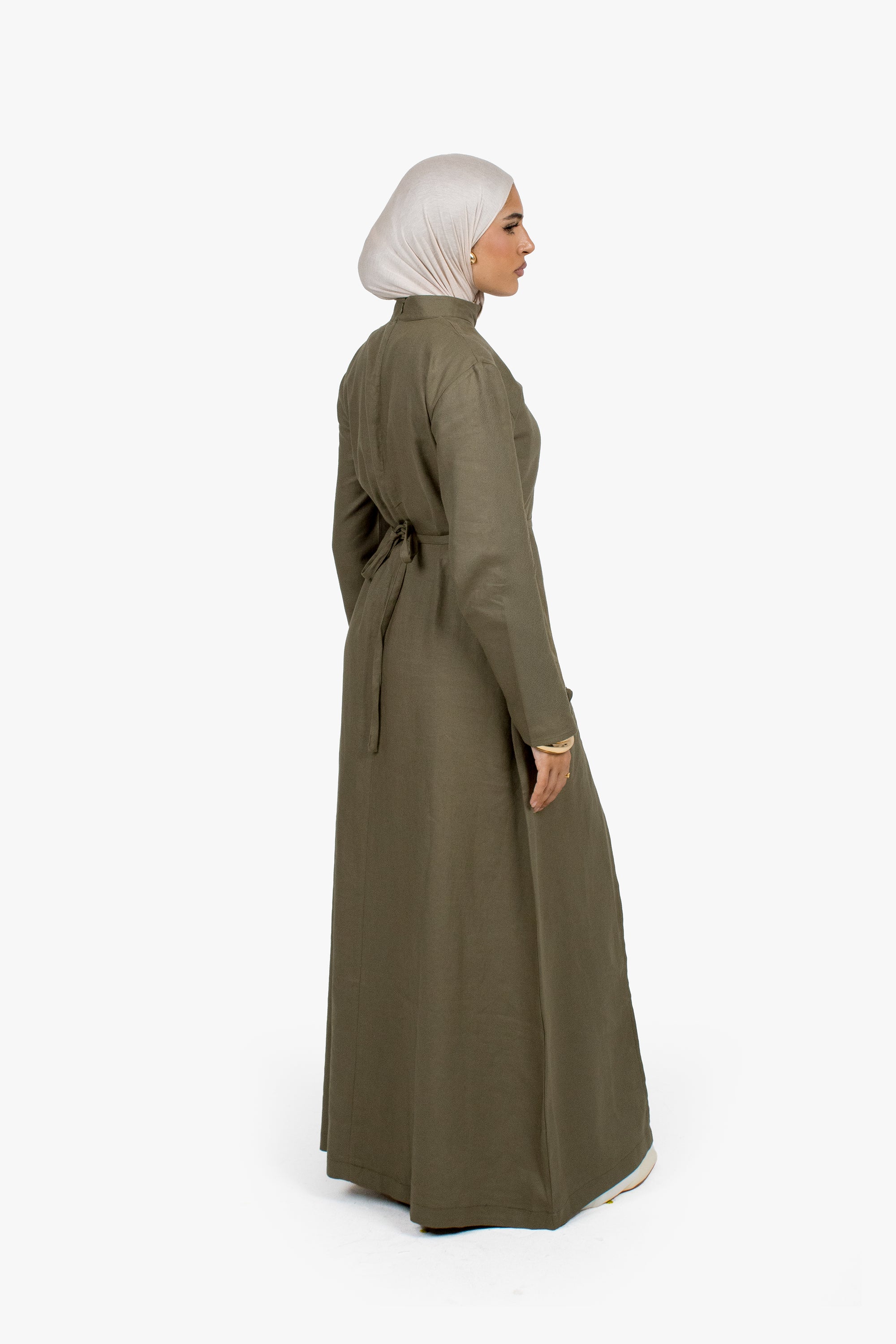 Olive Linen Cotton Ruched Slit Dress