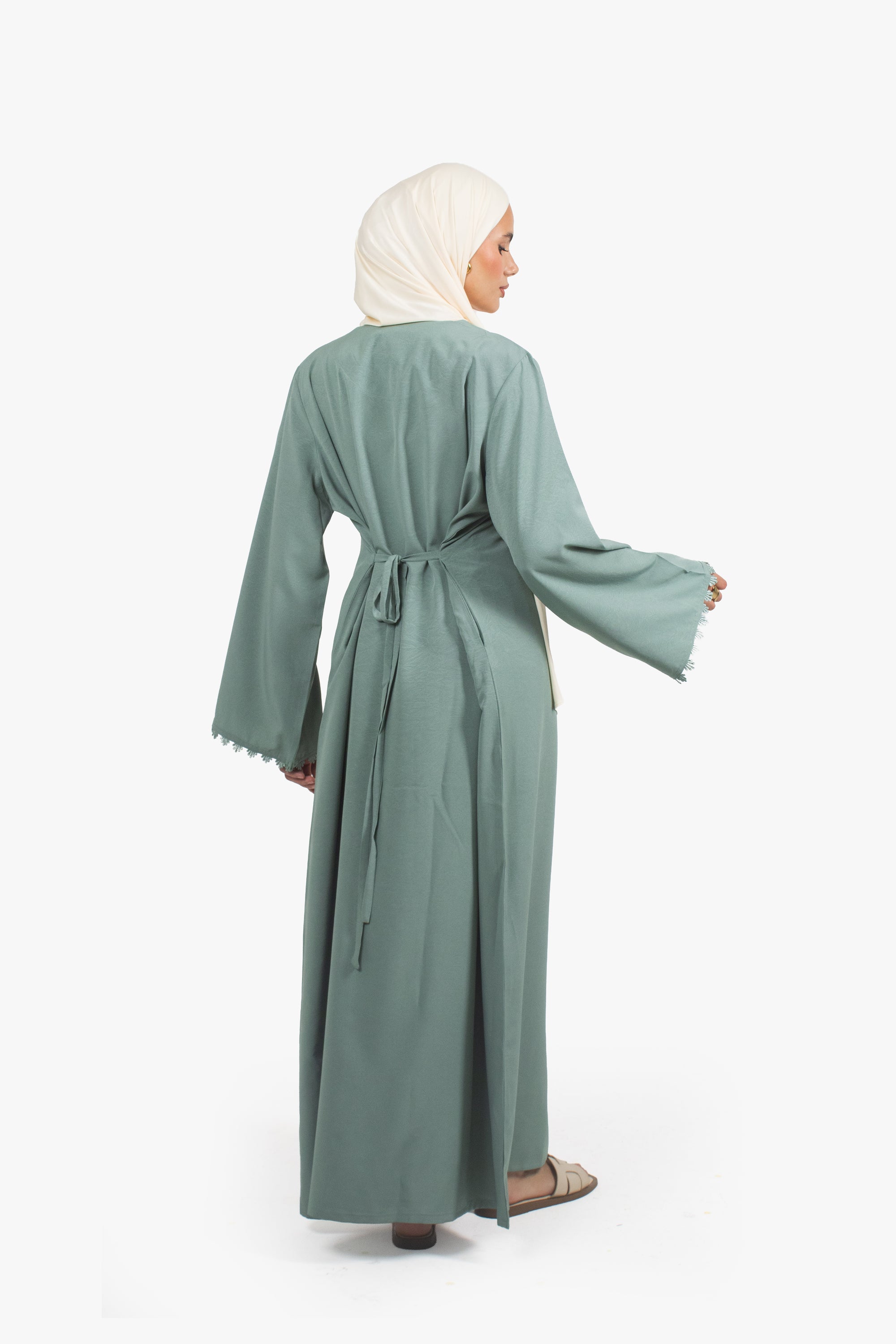 Sea Green Etched Crepe Lace Abaya