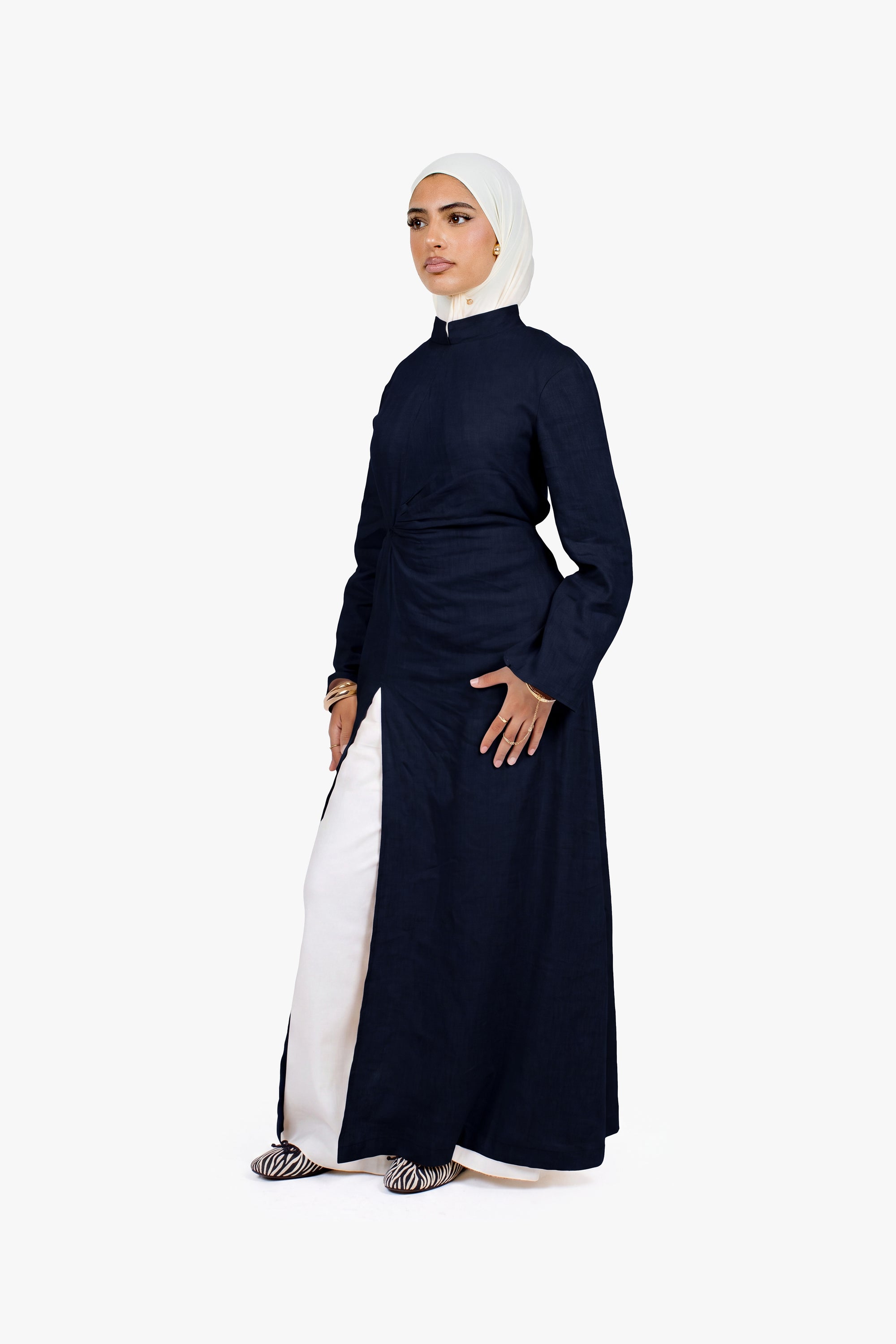 Navy Linen Cotton Ruched Slit Dress