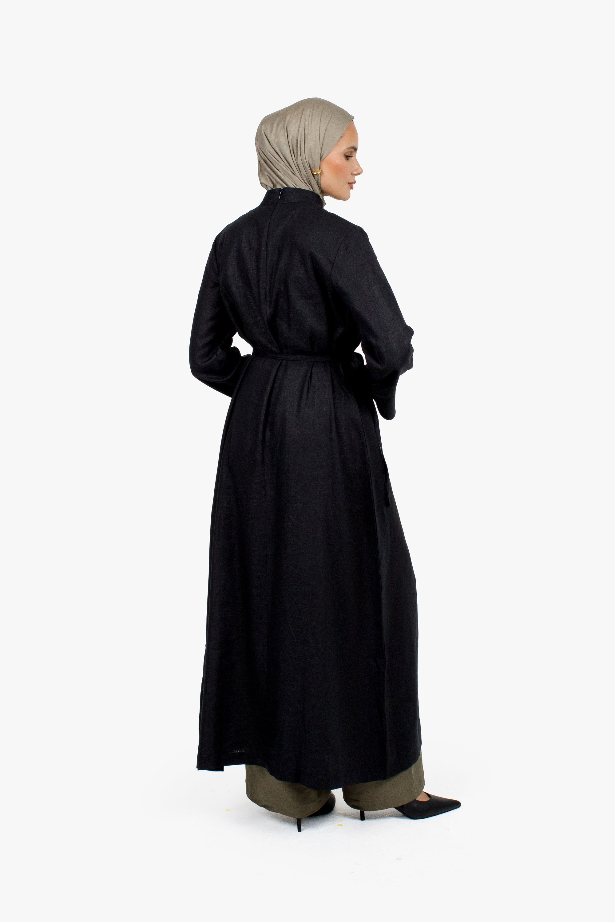 Black Linen Cotton Ruched Slit Dress