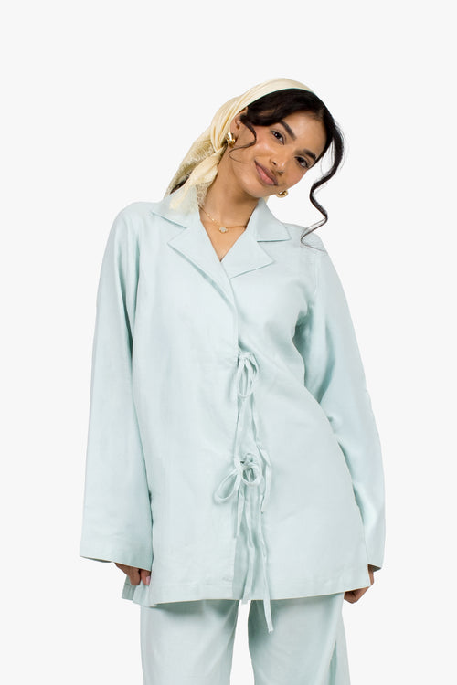 Baby Blue Linen Cotton Notch Collar Top