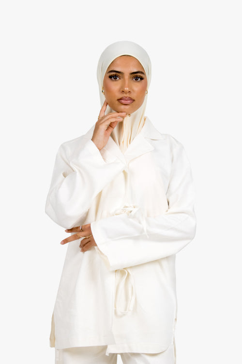 Ecru White Linen Cotton Notch Collar Top