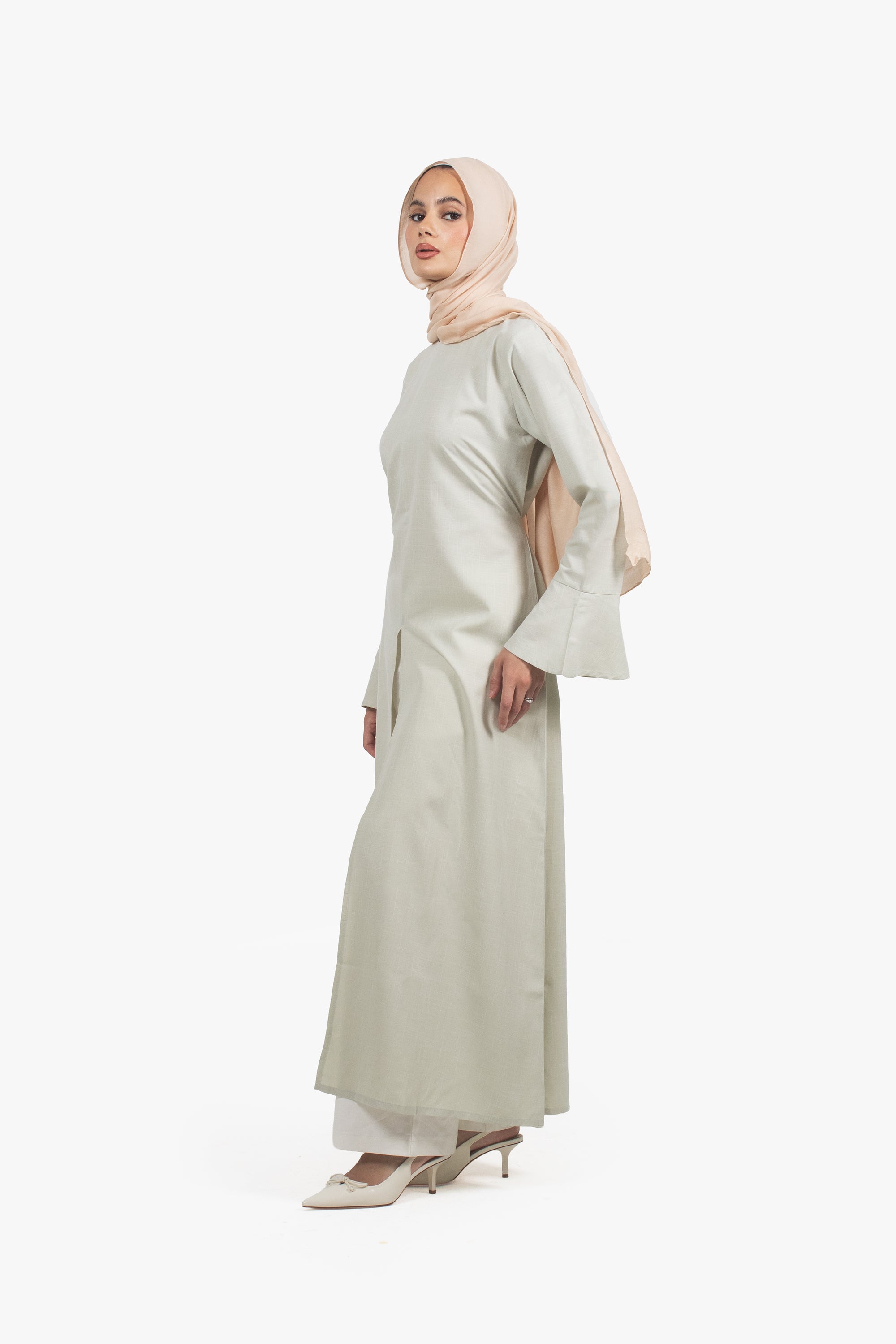 Sage Green Cotton Blend Front Slit Dress