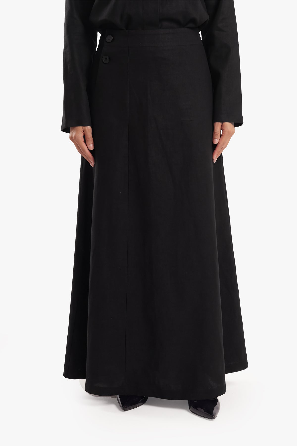 Black Linen Cotton Covered Button Skirt