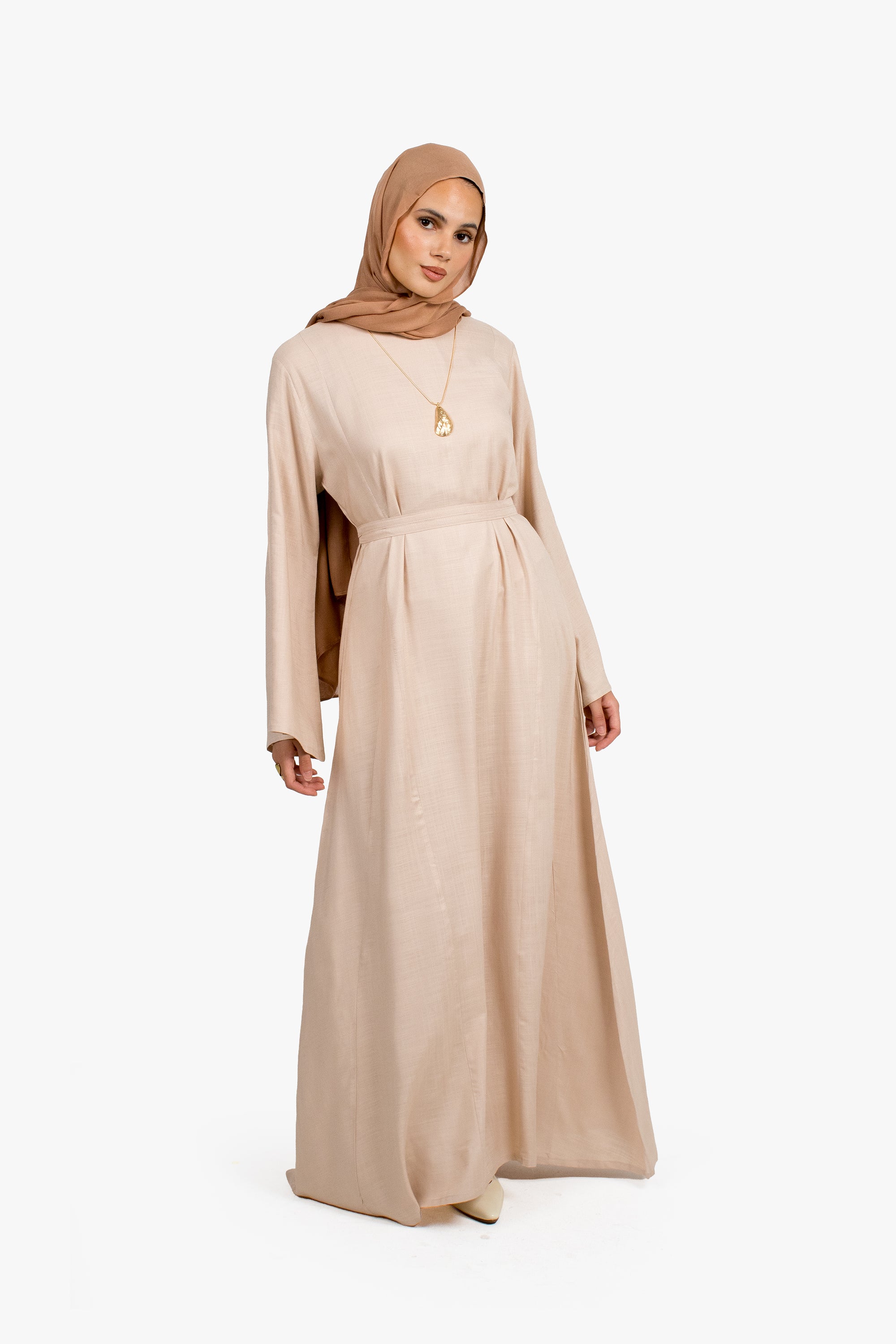Beige Cotton Blend Pleated Tie Dress