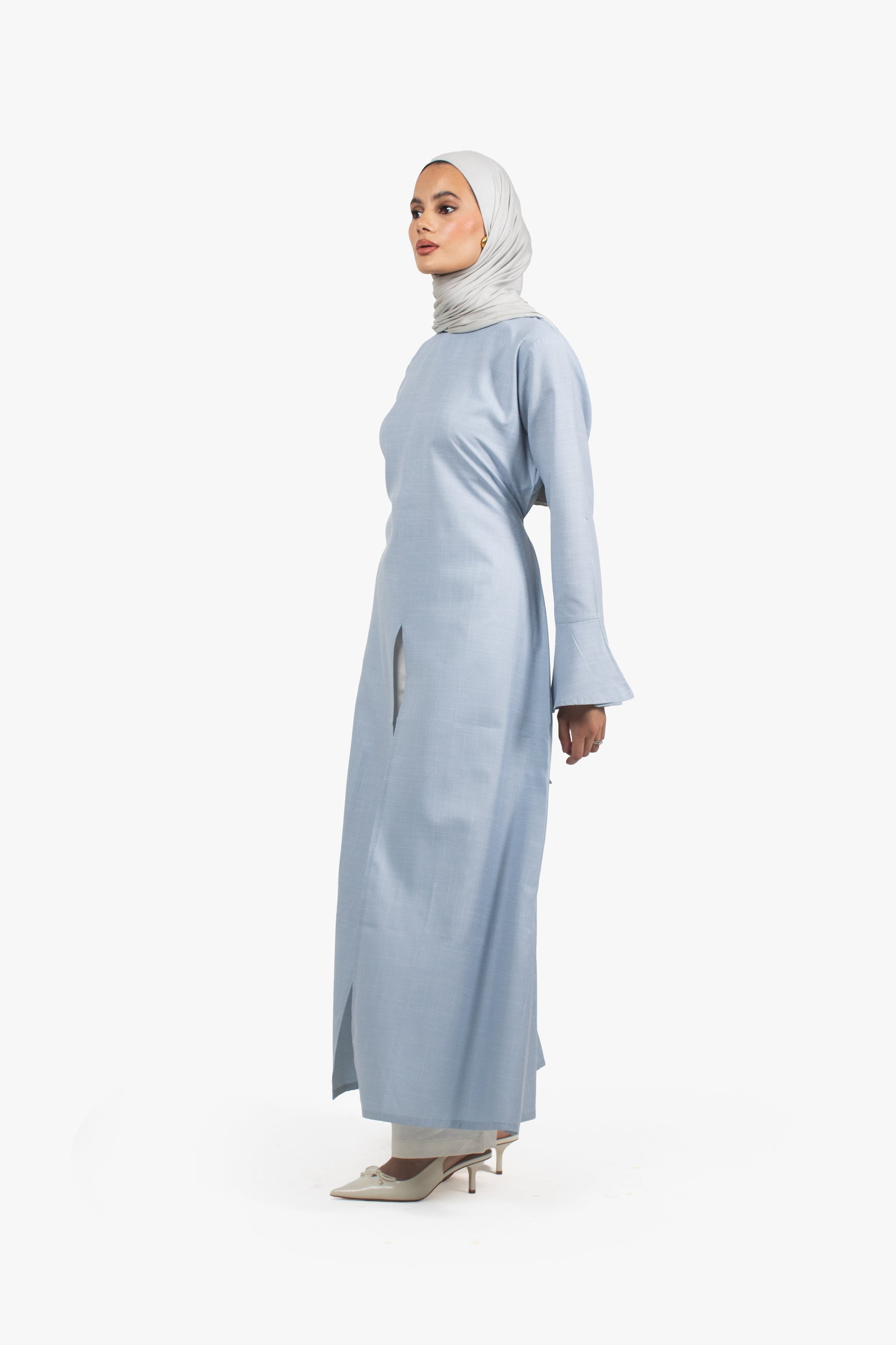 Pale Blue Cotton Blend Front Slit Dress