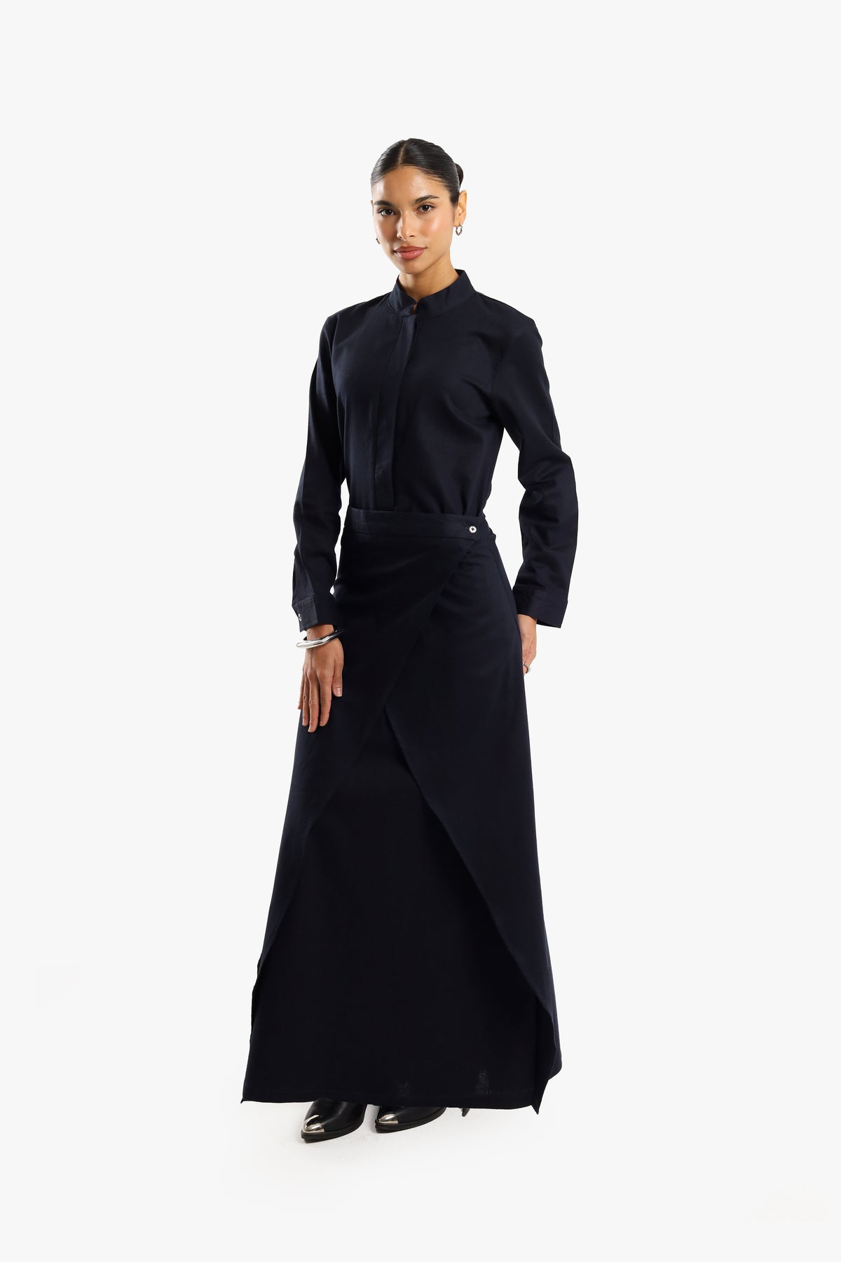 Navy Linen Cotton Mandarin Two-Piece Dress