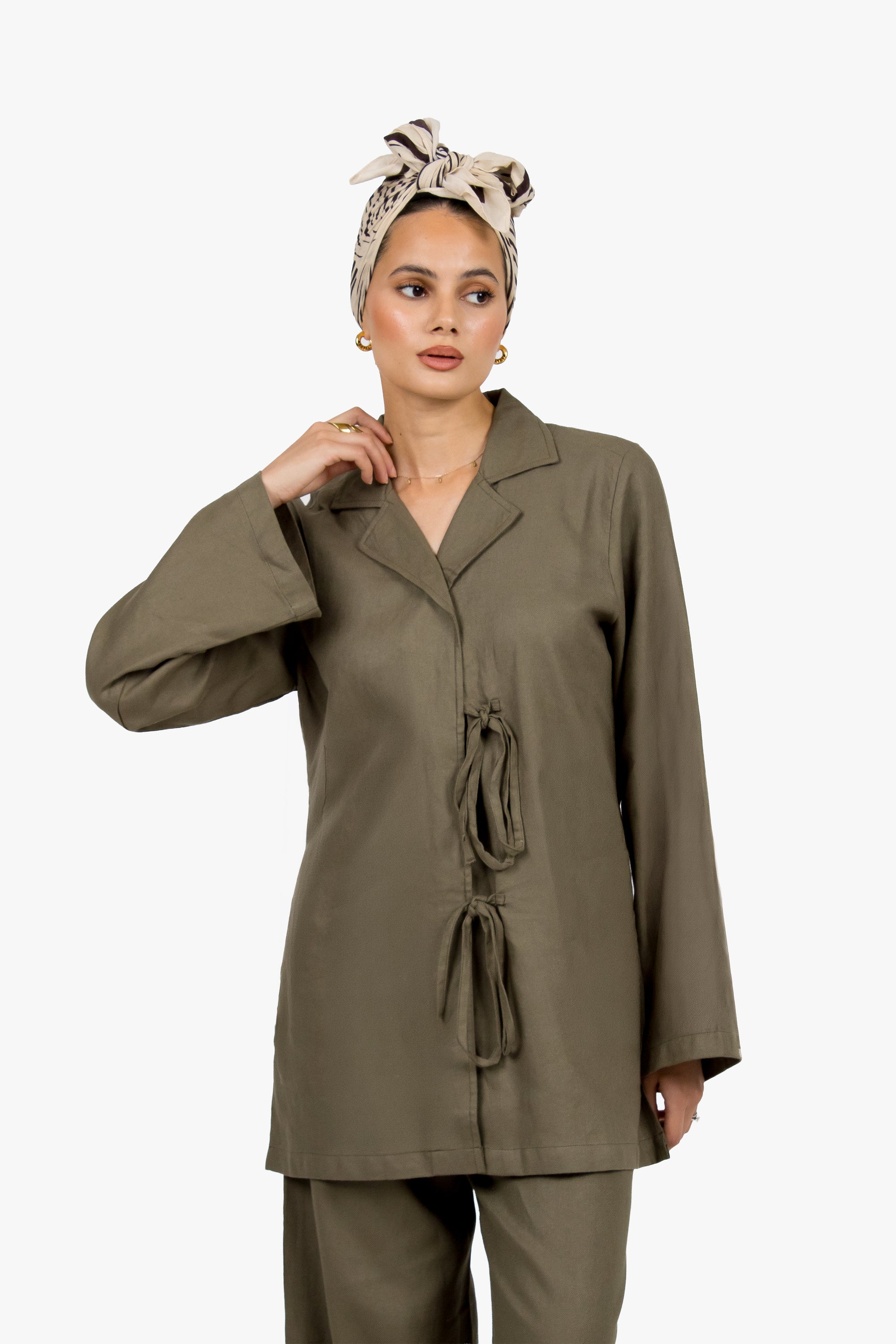 Olive Linen Cotton Notch Collar Top