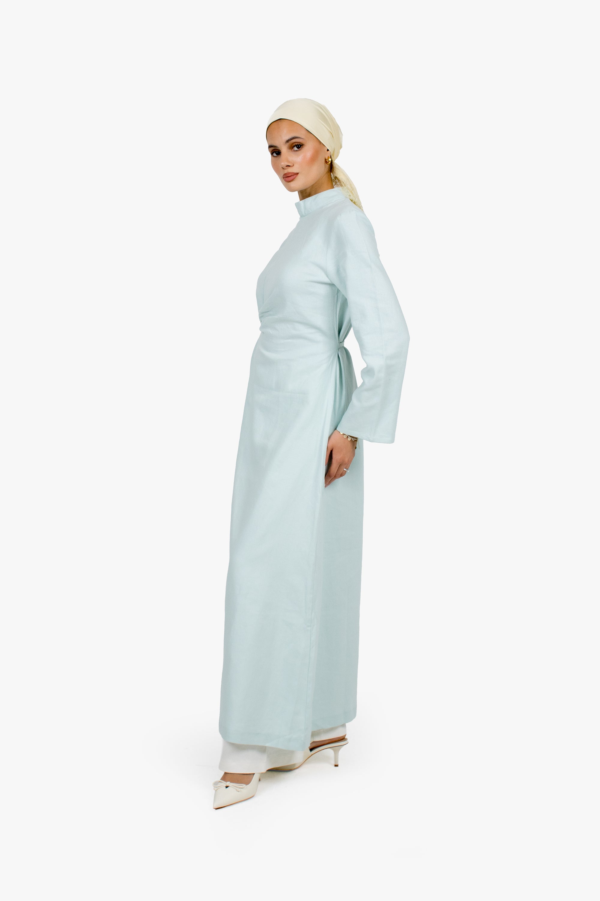 Baby Blue Linen Cotton Ruched Slit Dress