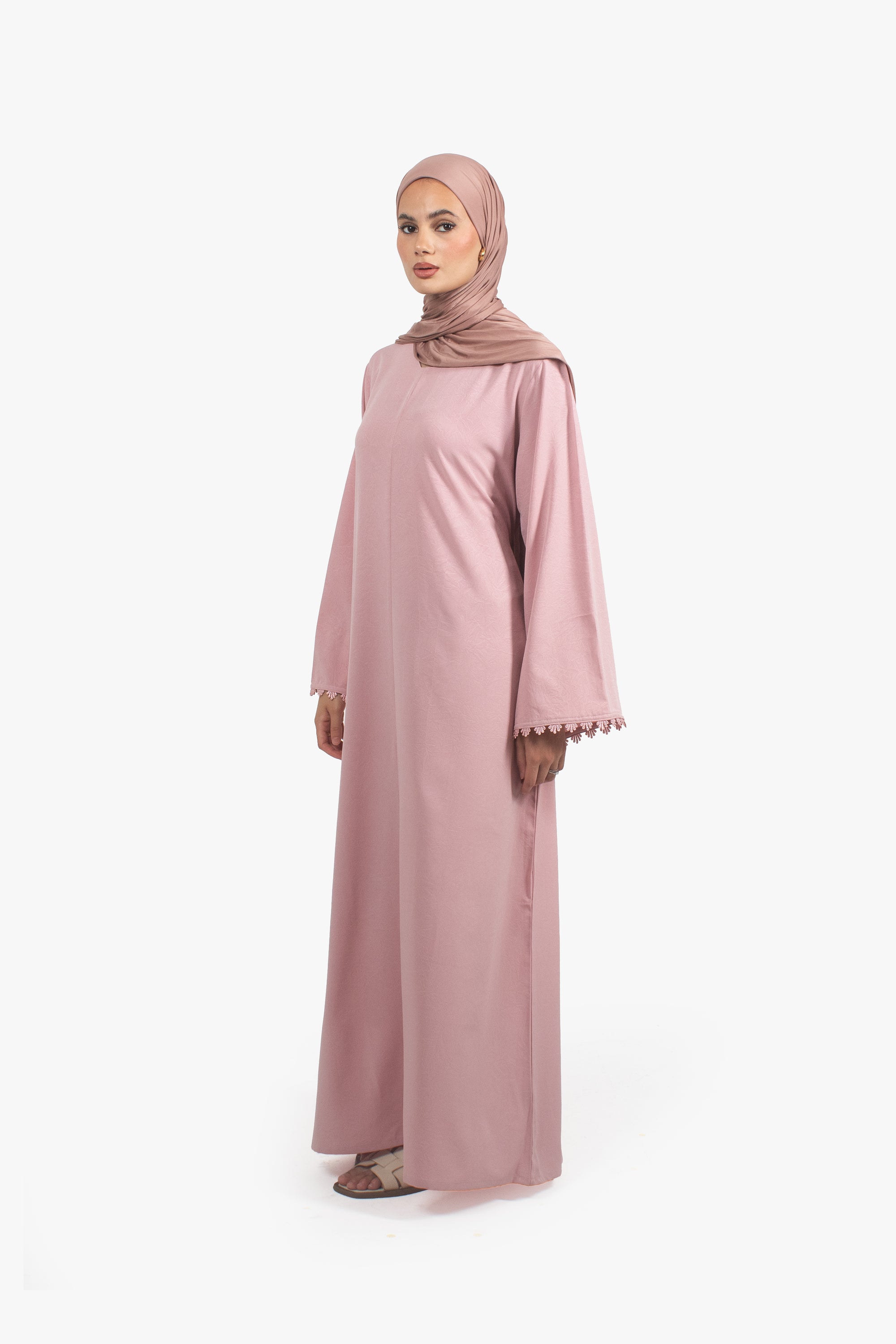 Rose Pink Etched Crepe Lace Abaya
