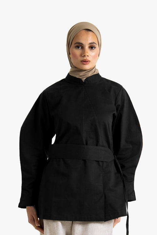 Black Cotton Lantern Sleeve Top