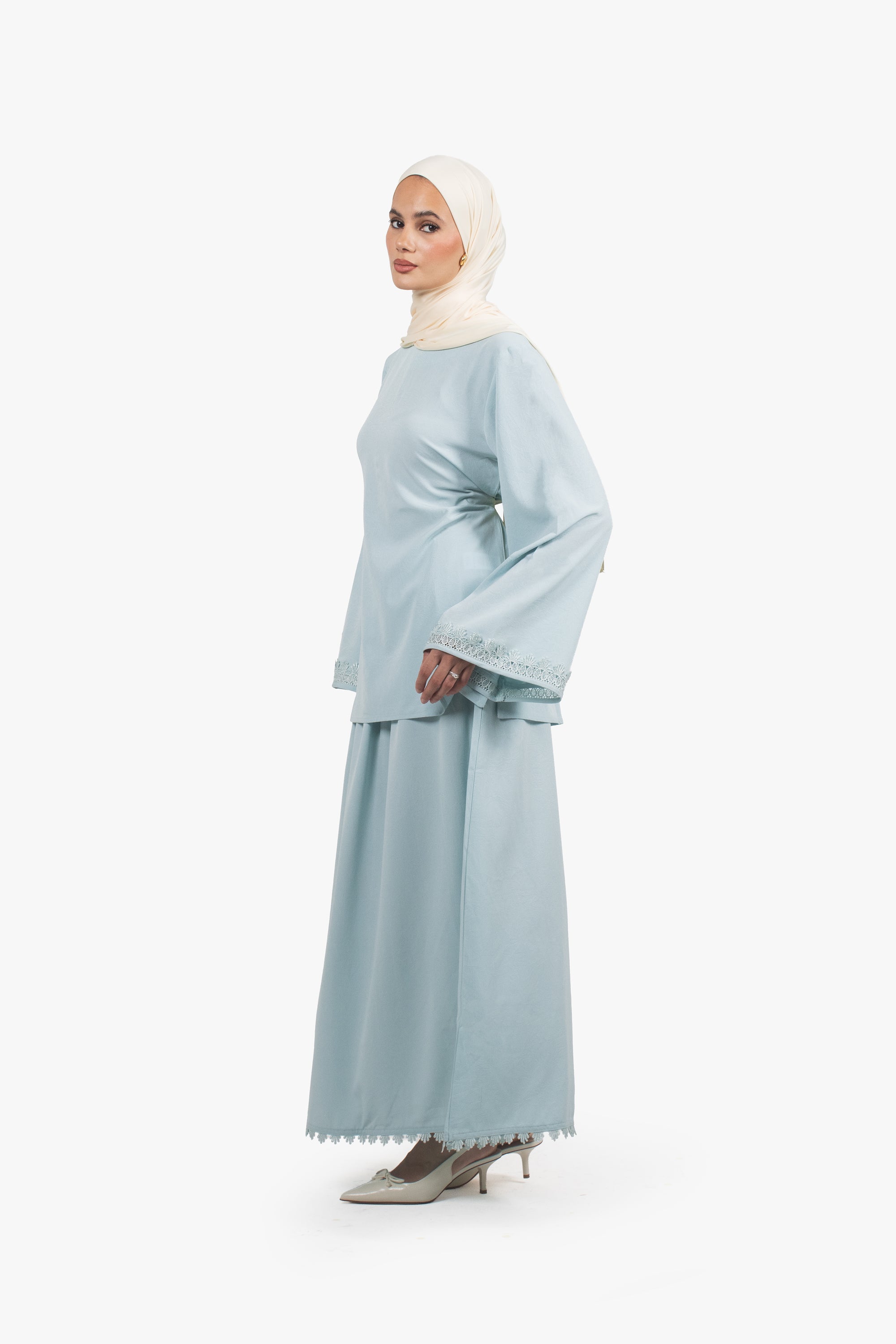 Mist Blue Etched Crepe Lace Top
