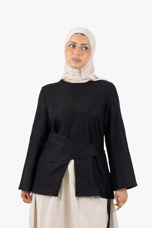 Black Linen Cotton Wrap Top